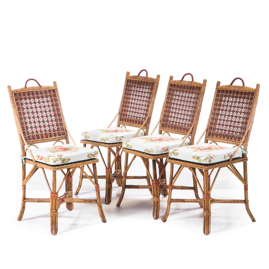 Four French Rattan & Wicker Side Chairs, Manner of Maison Drucker, 20th Century