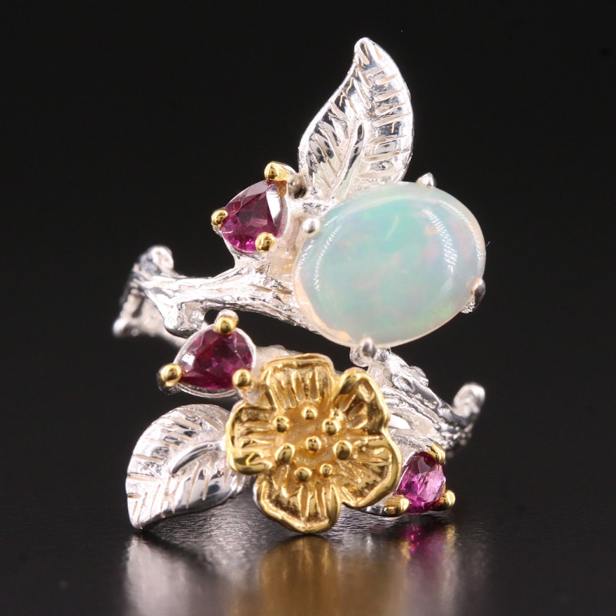 Sterling Silver Opal and Garnet Foliate Ring
