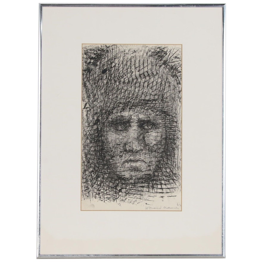 Leonard Maurer Charcoal Drawing of Woman's Head, 1962