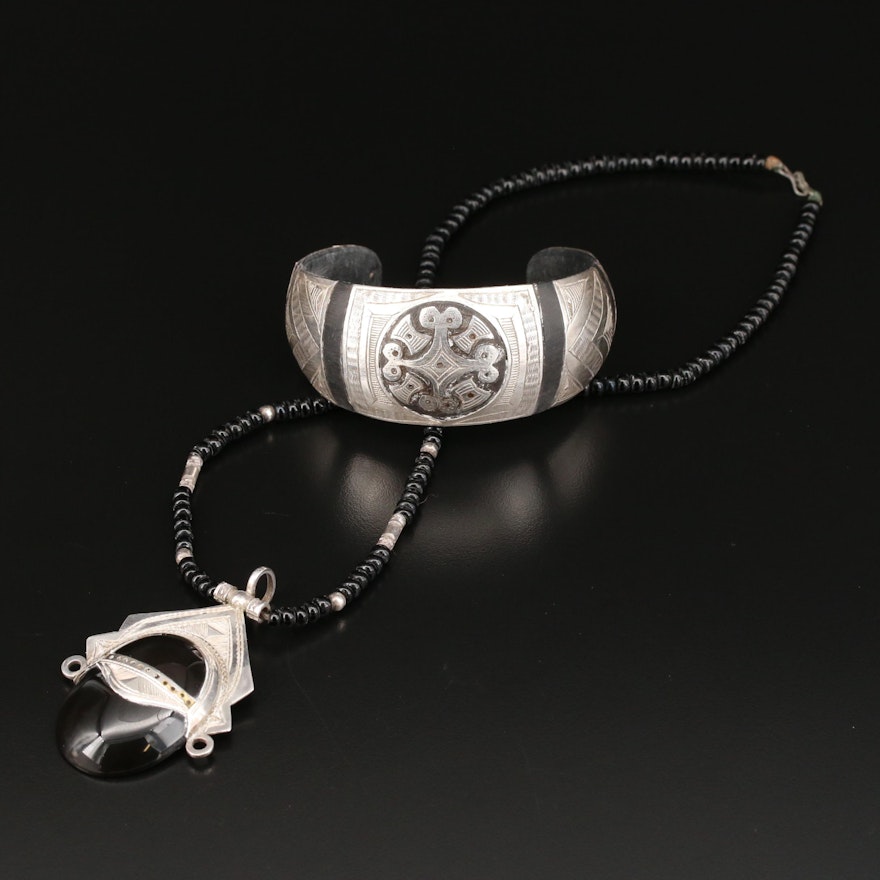 Fine Silver Tuareg Ebony Wood Cuff and Fine Silver Black Onyx and Glass Necklace