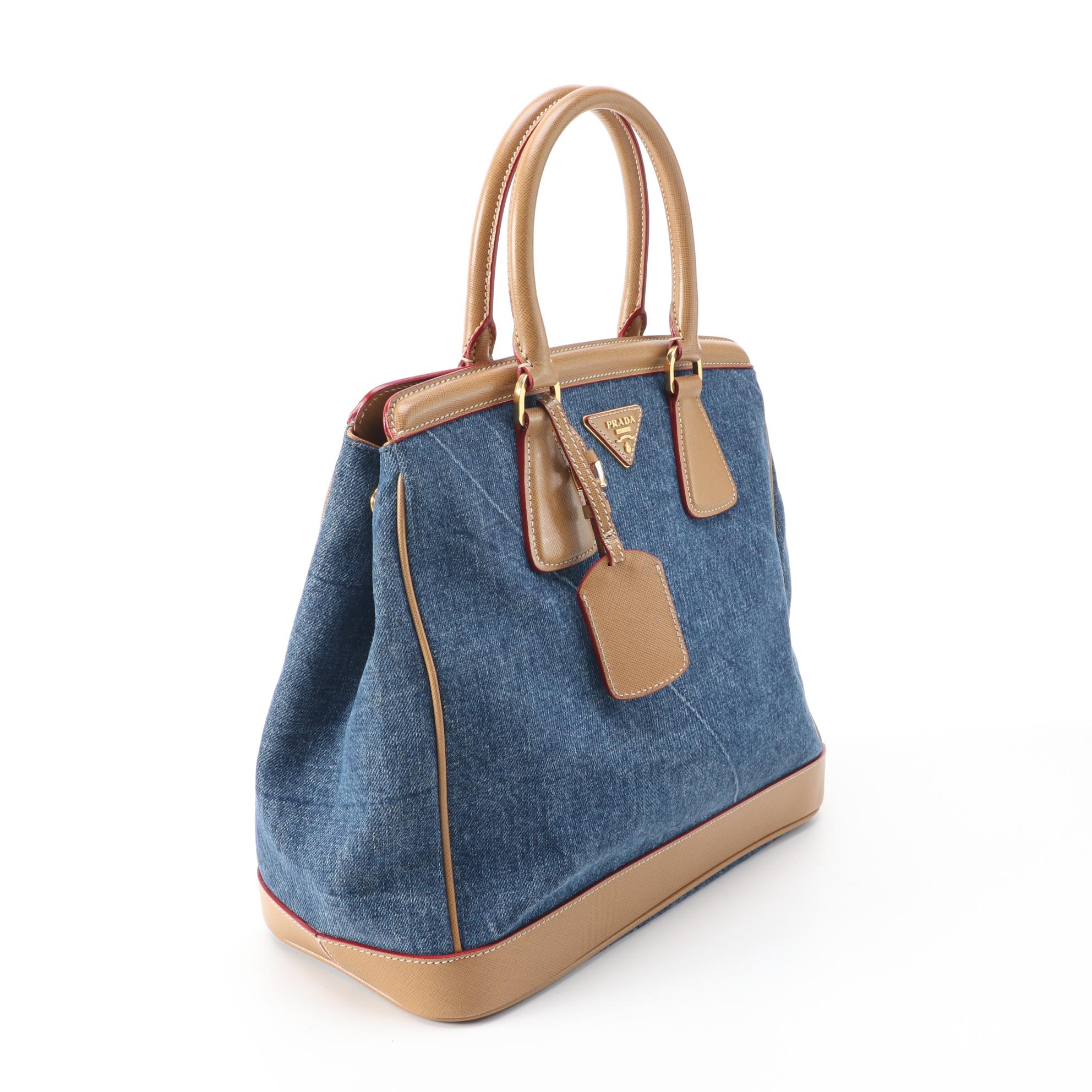 Prada Parabole Denim and Saffiano Leather Trimmed Handbag