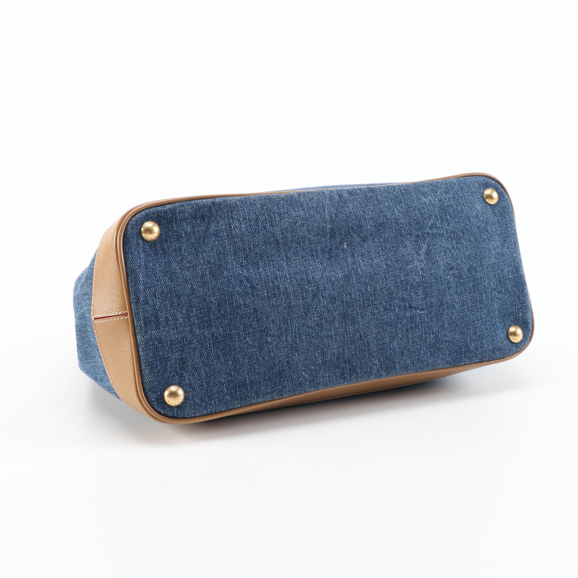 Prada Parabole Denim and Saffiano Leather Trimmed Handbag