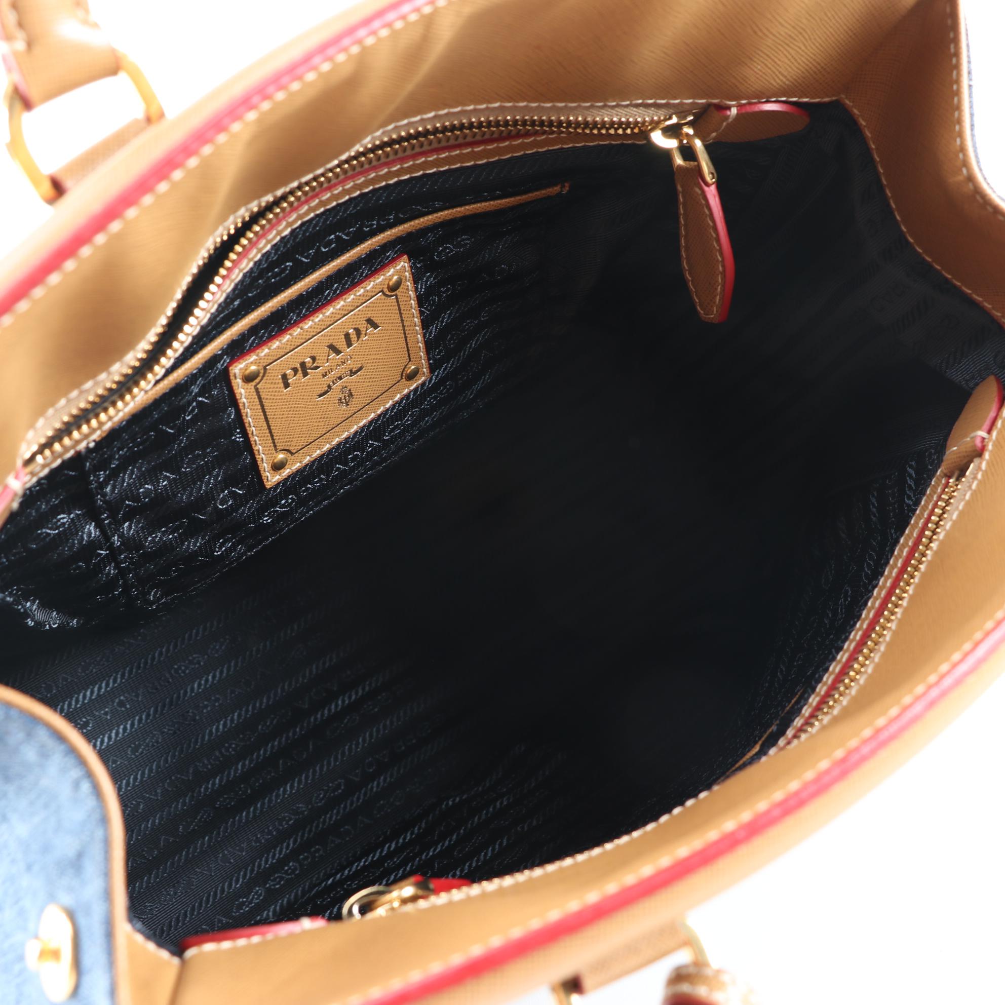 Prada Parabole Denim and Saffiano Leather Trimmed Handbag