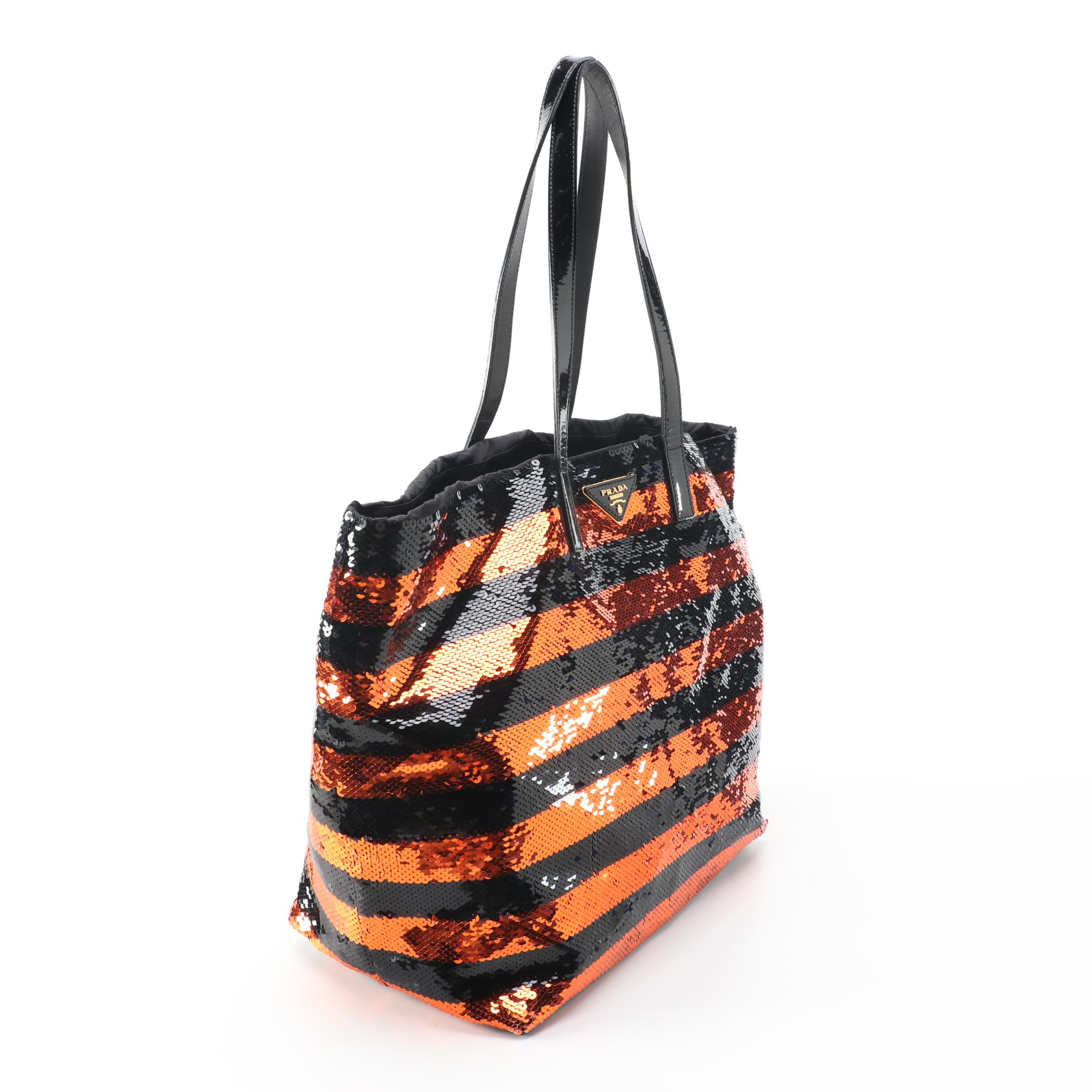 Prada Orange and Black Sequined Satin Open Top Tote