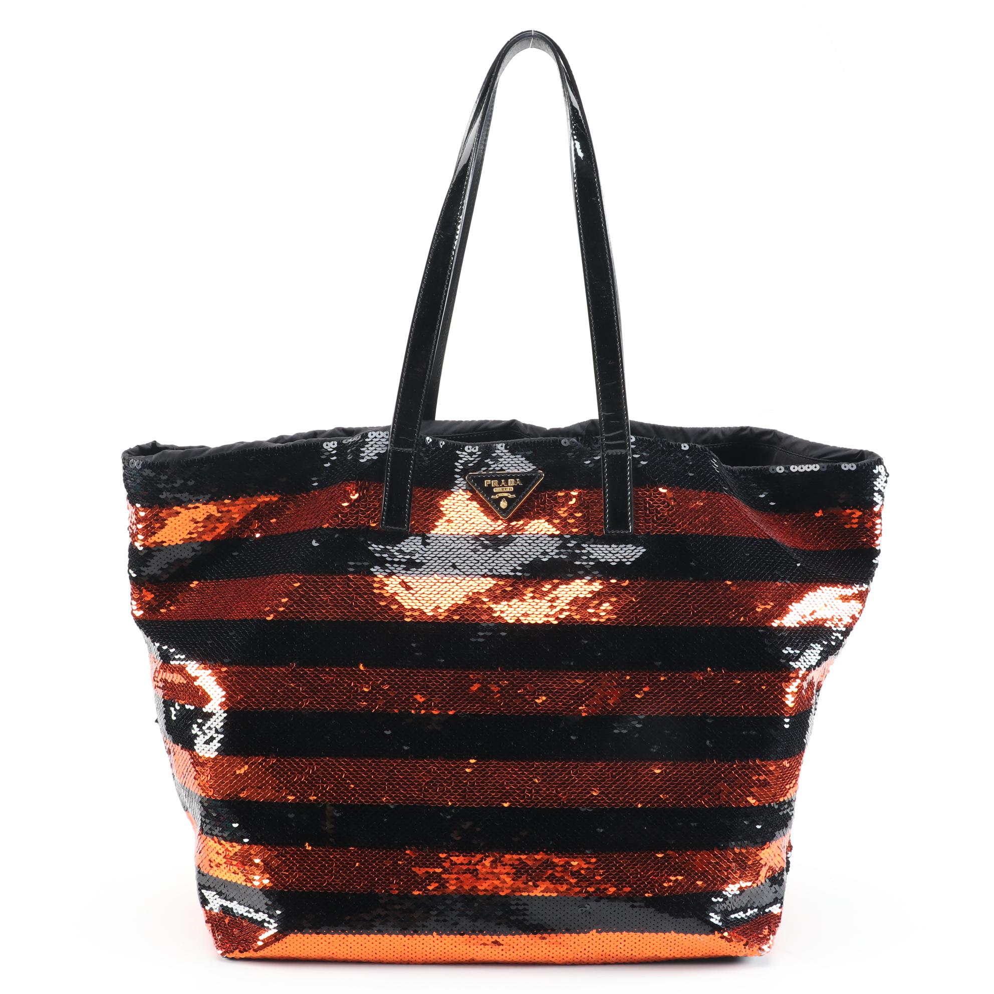 Prada Orange and Black Sequined Satin Open Top Tote