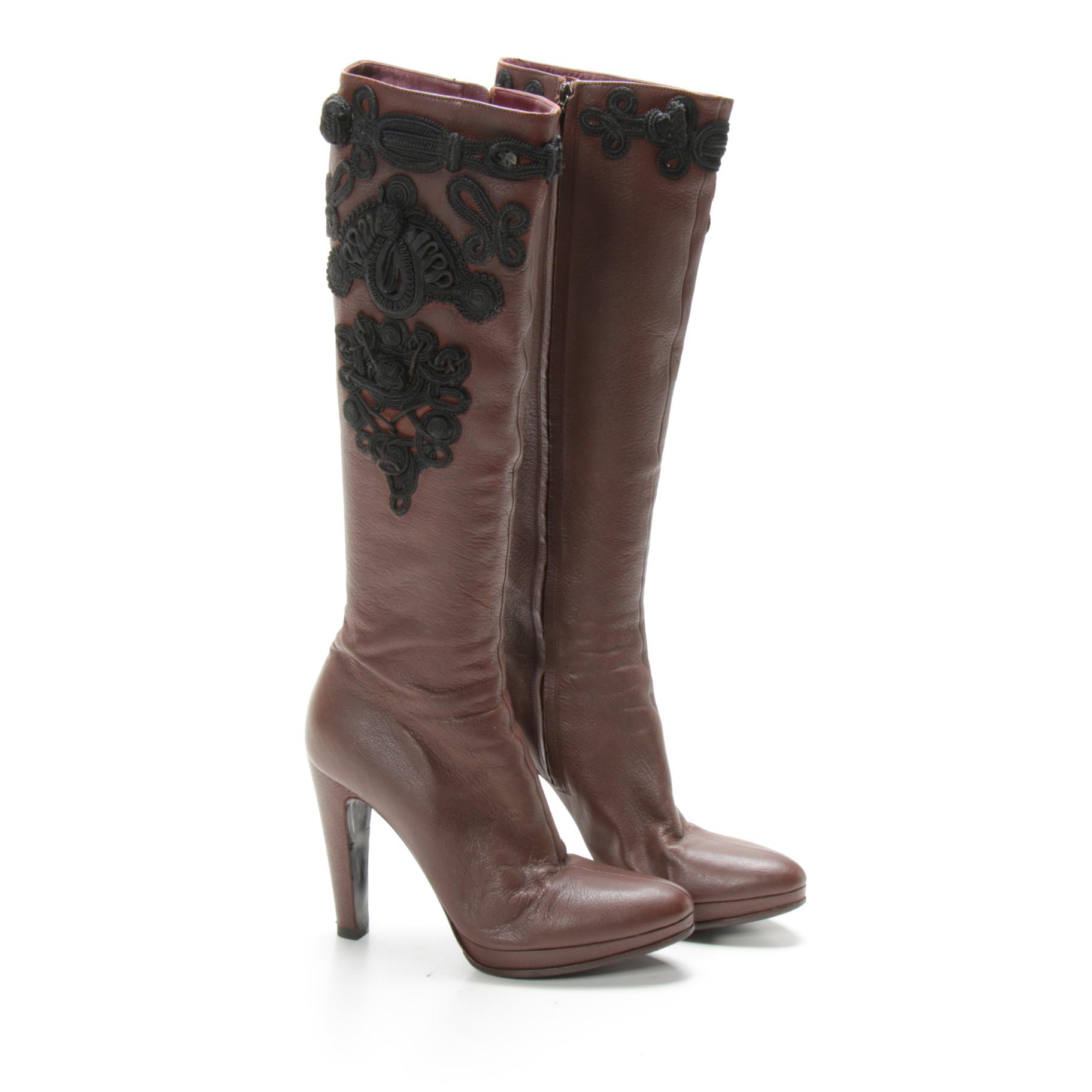 Prada High-Heeled Boots in Brown Leather with Black Soutache Cord Embroidery