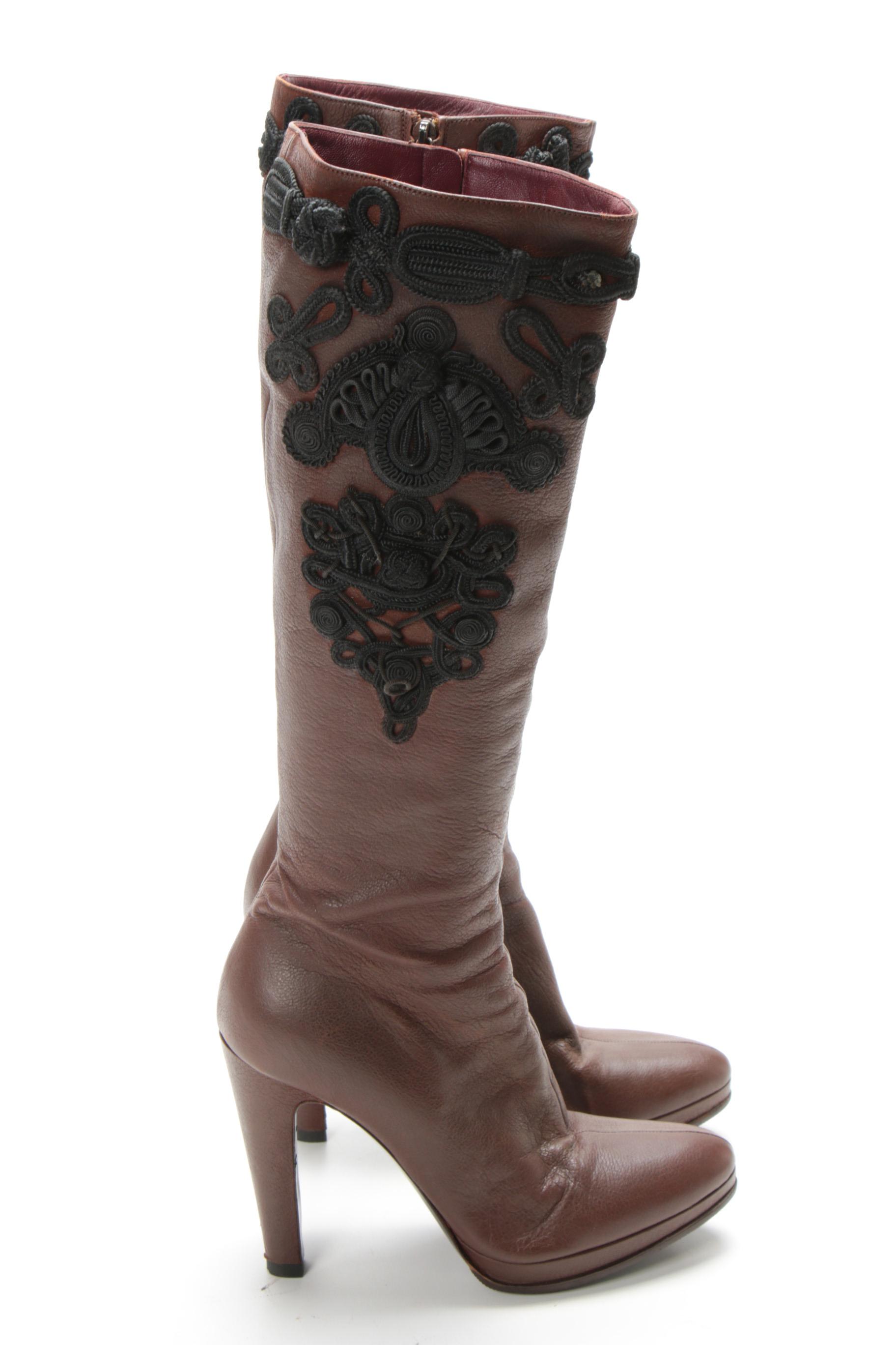 Prada High-Heeled Boots in Brown Leather with Black Soutache Cord Embroidery