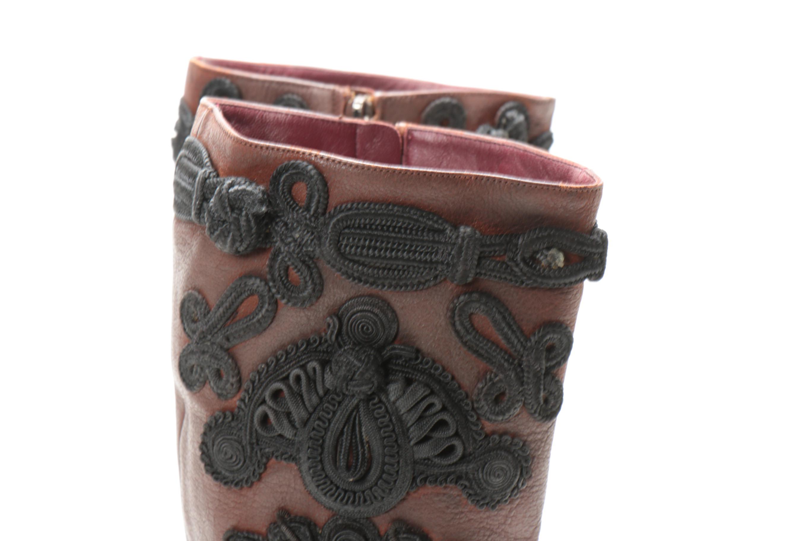 Prada High-Heeled Boots in Brown Leather with Black Soutache Cord Embroidery