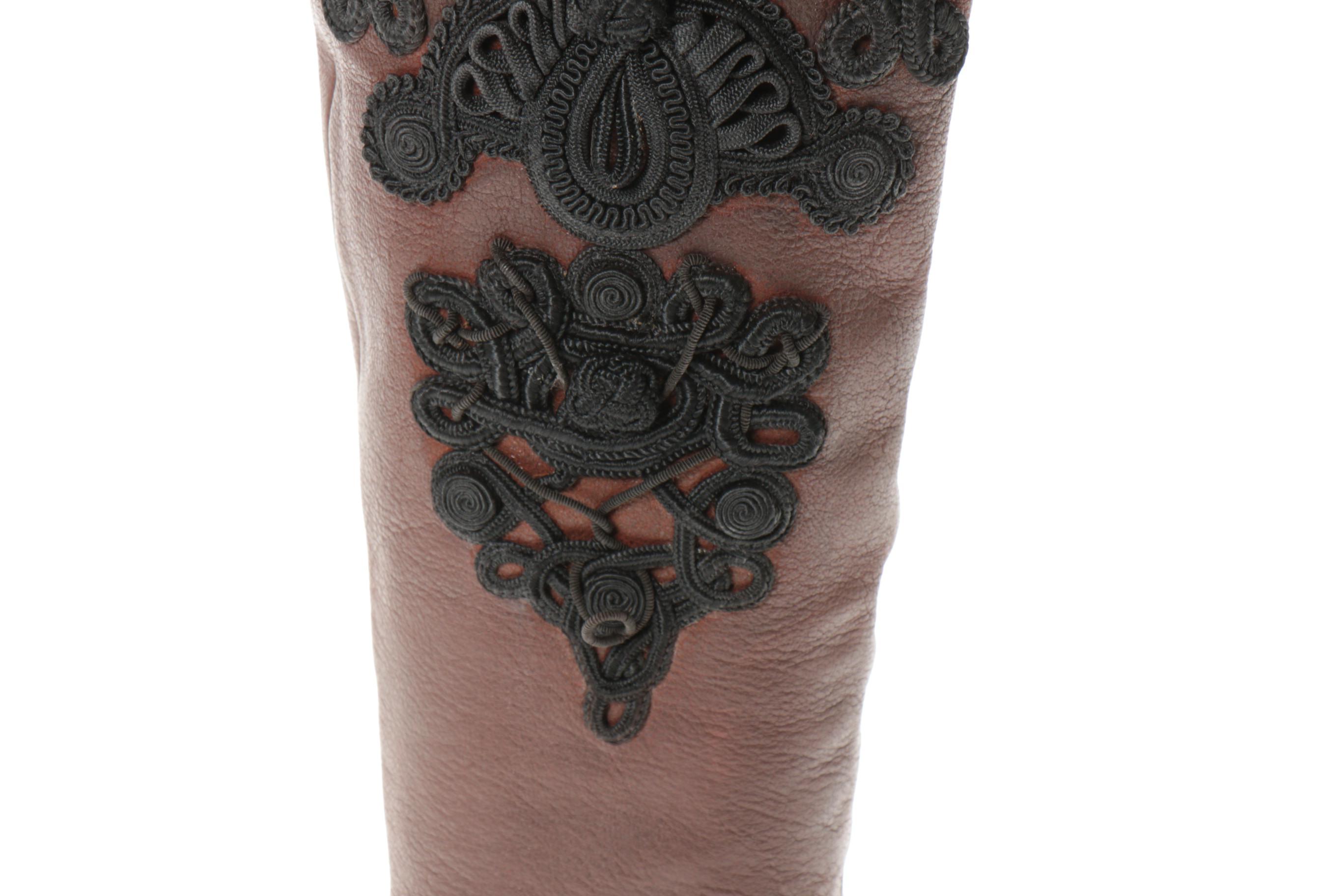 Prada High-Heeled Boots in Brown Leather with Black Soutache Cord Embroidery