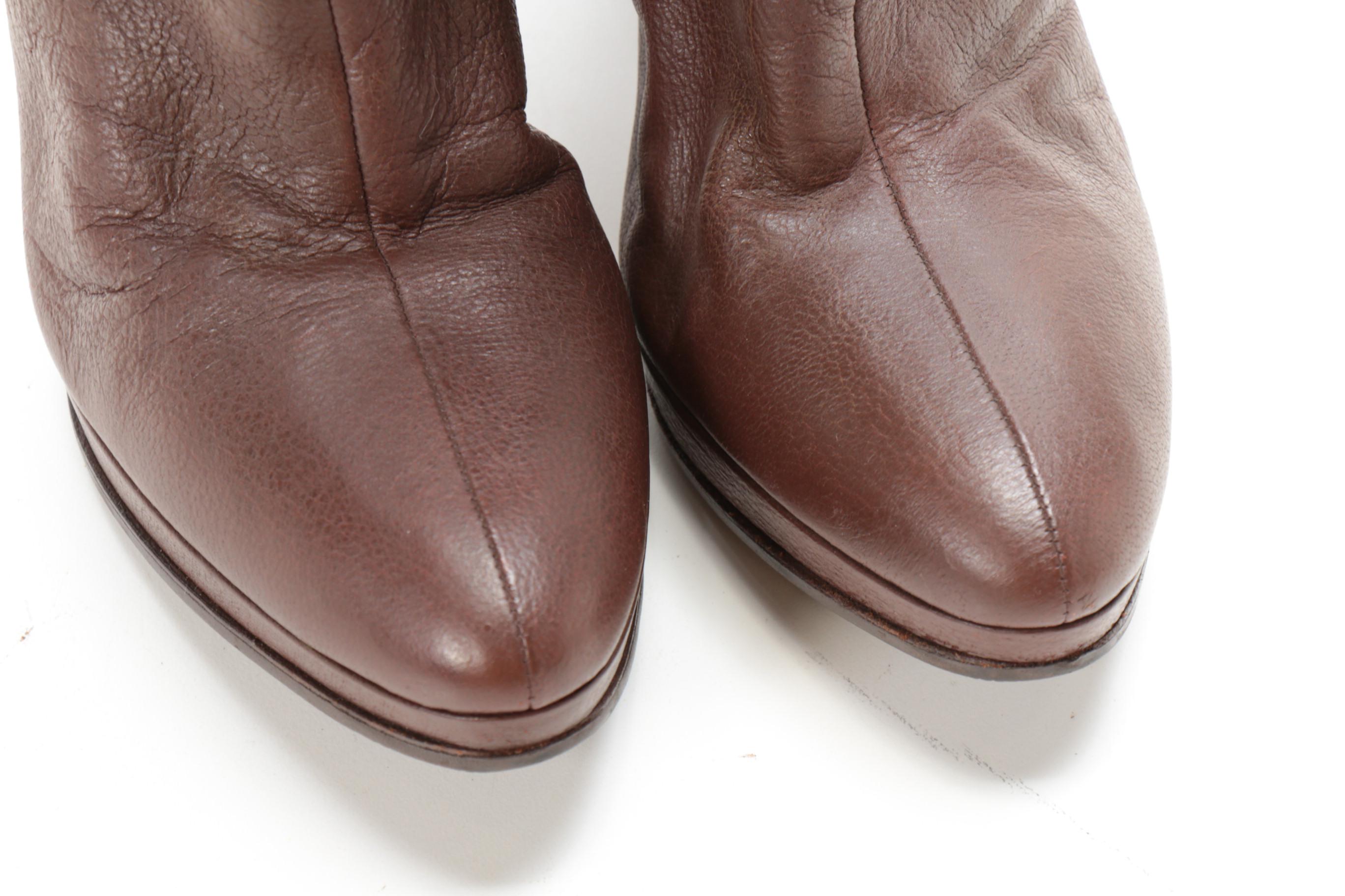 Prada High-Heeled Boots in Brown Leather with Black Soutache Cord Embroidery