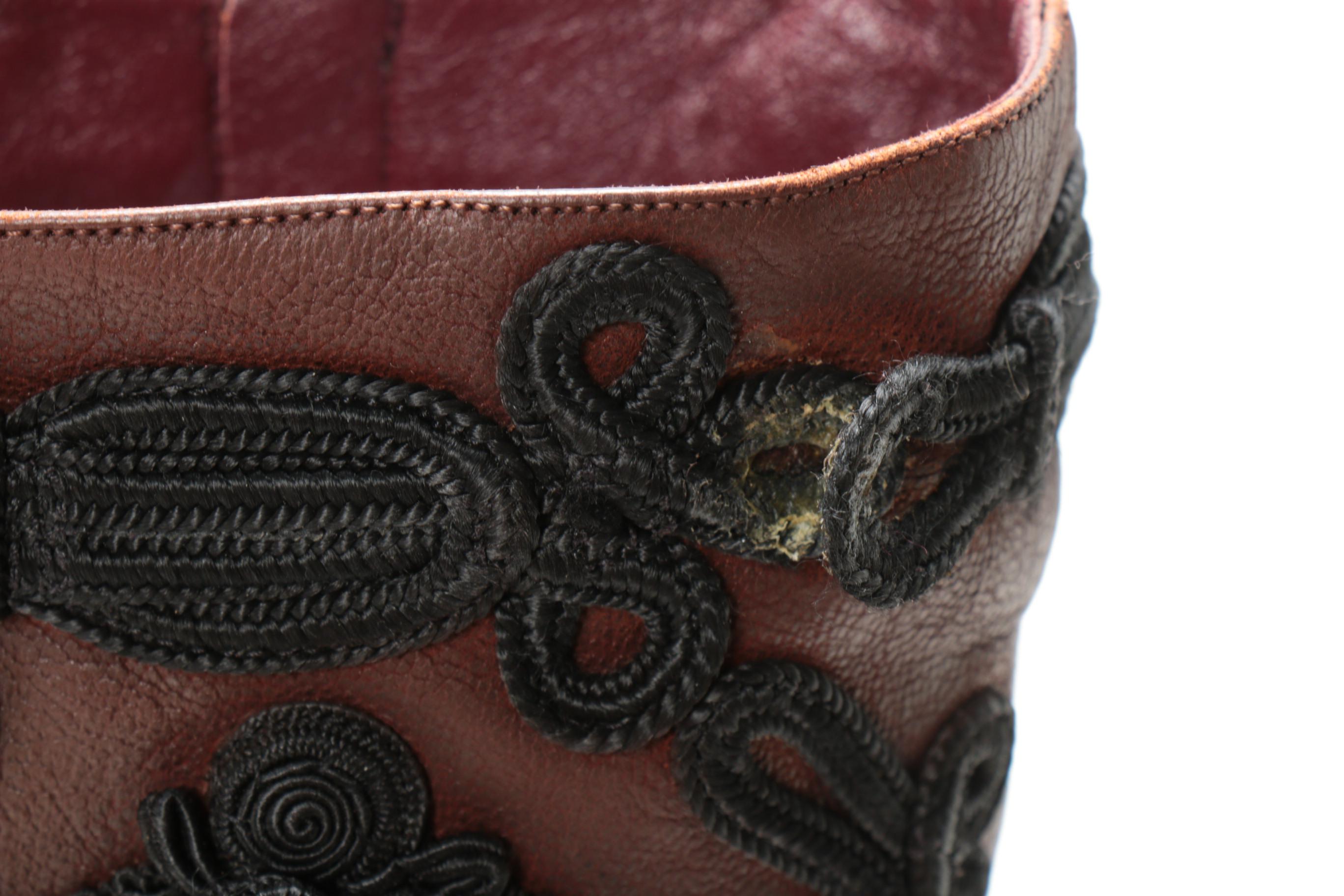 Prada High-Heeled Boots in Brown Leather with Black Soutache Cord Embroidery