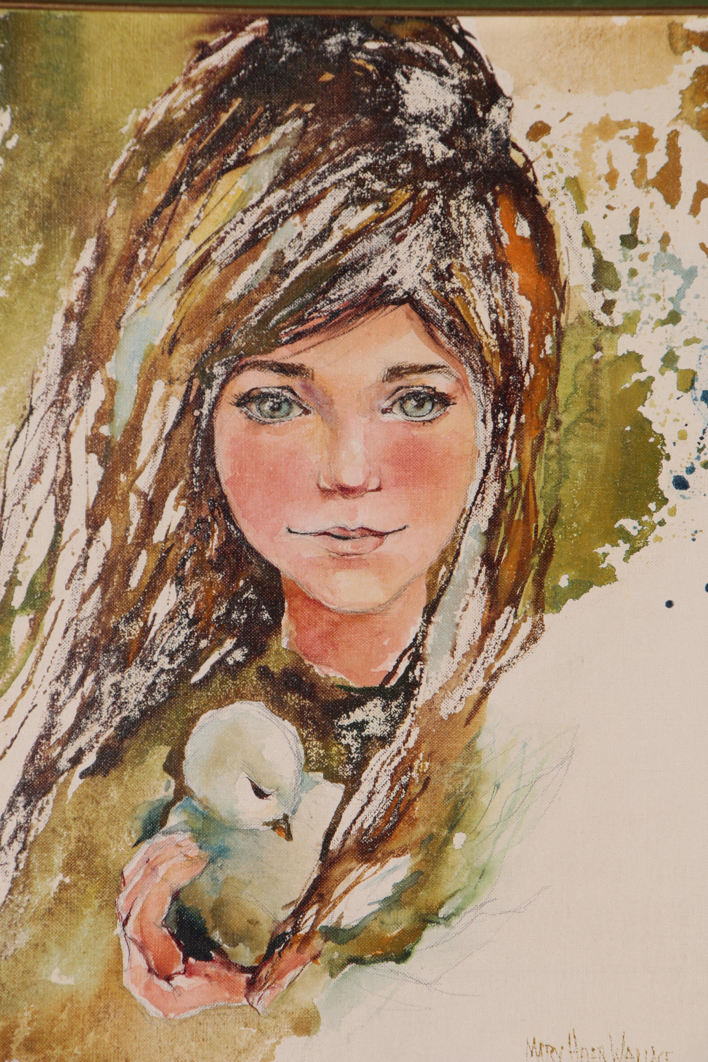 Mary Helen Wallace Watercolor Painting of Girl with Chick, Late 20th Century