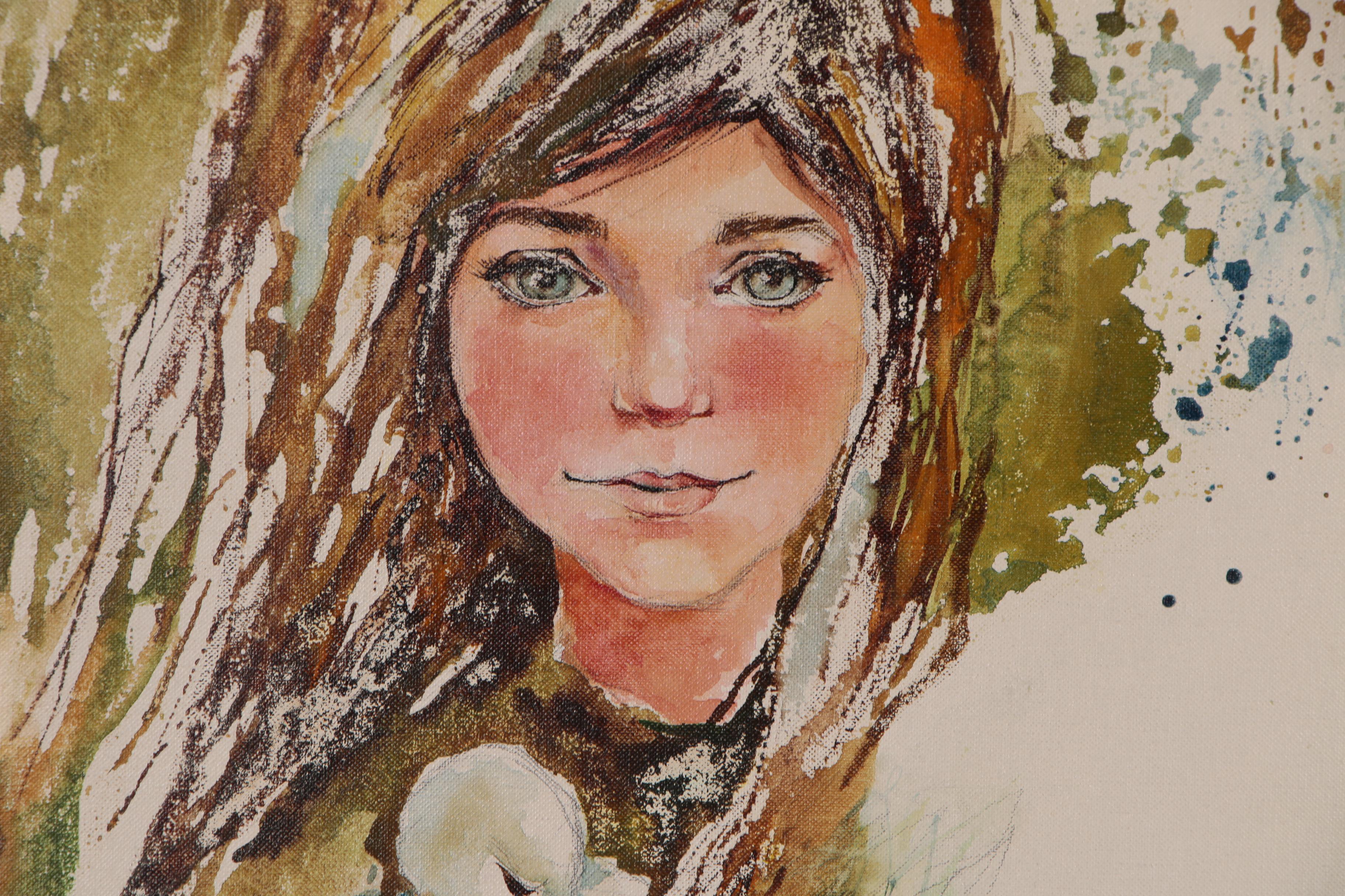Mary Helen Wallace Watercolor Painting of Girl with Chick, Late 20th Century
