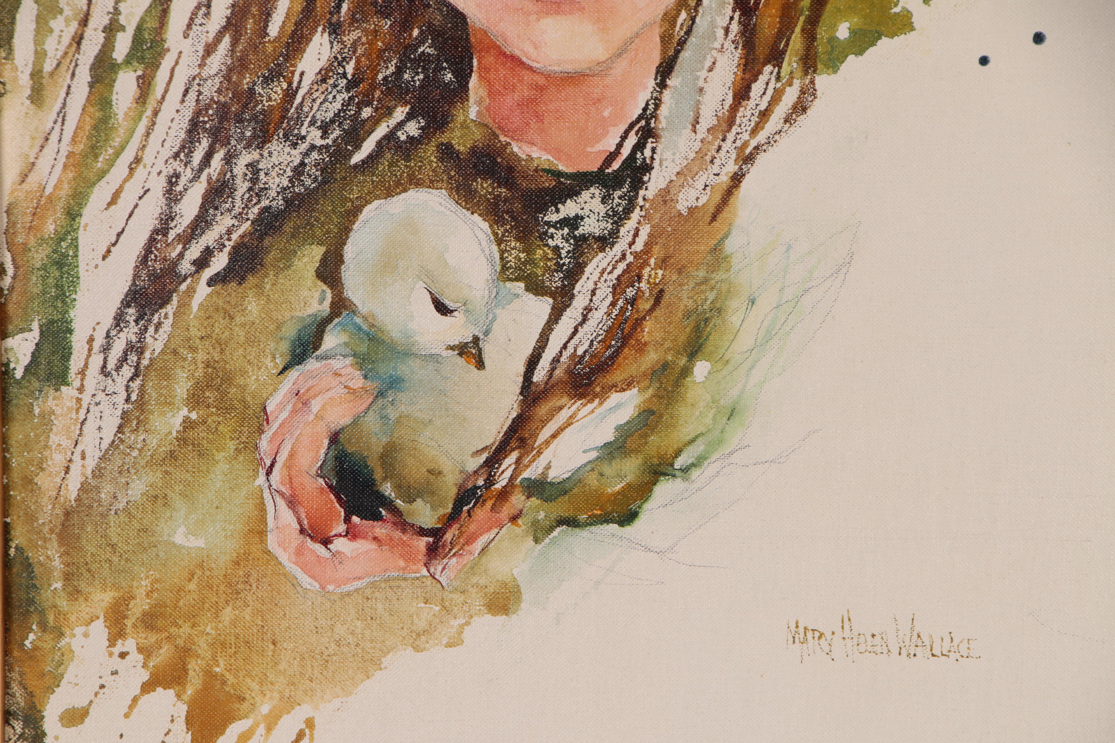 Mary Helen Wallace Watercolor Painting of Girl with Chick, Late 20th Century
