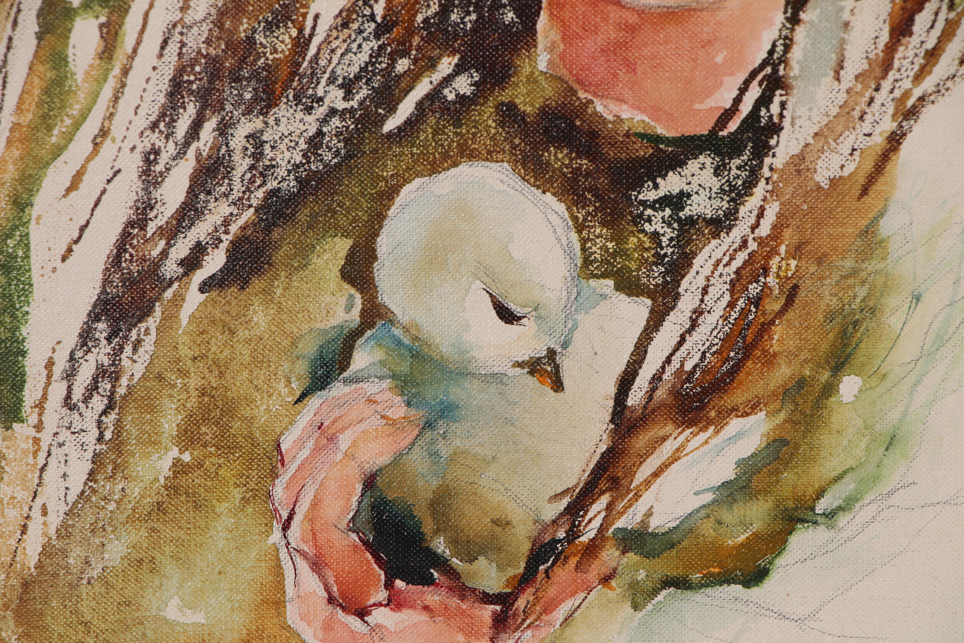 Mary Helen Wallace Watercolor Painting of Girl with Chick, Late 20th Century