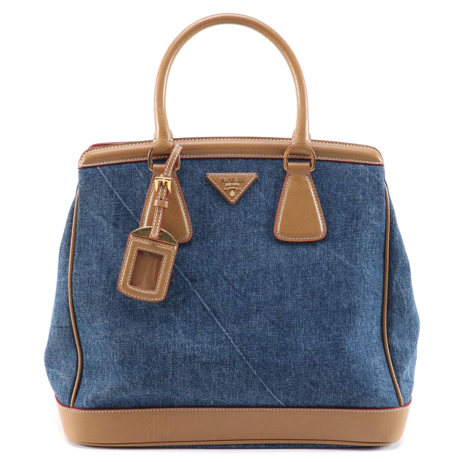 Prada Parabole Denim and Saffiano Leather Trimmed Handbag