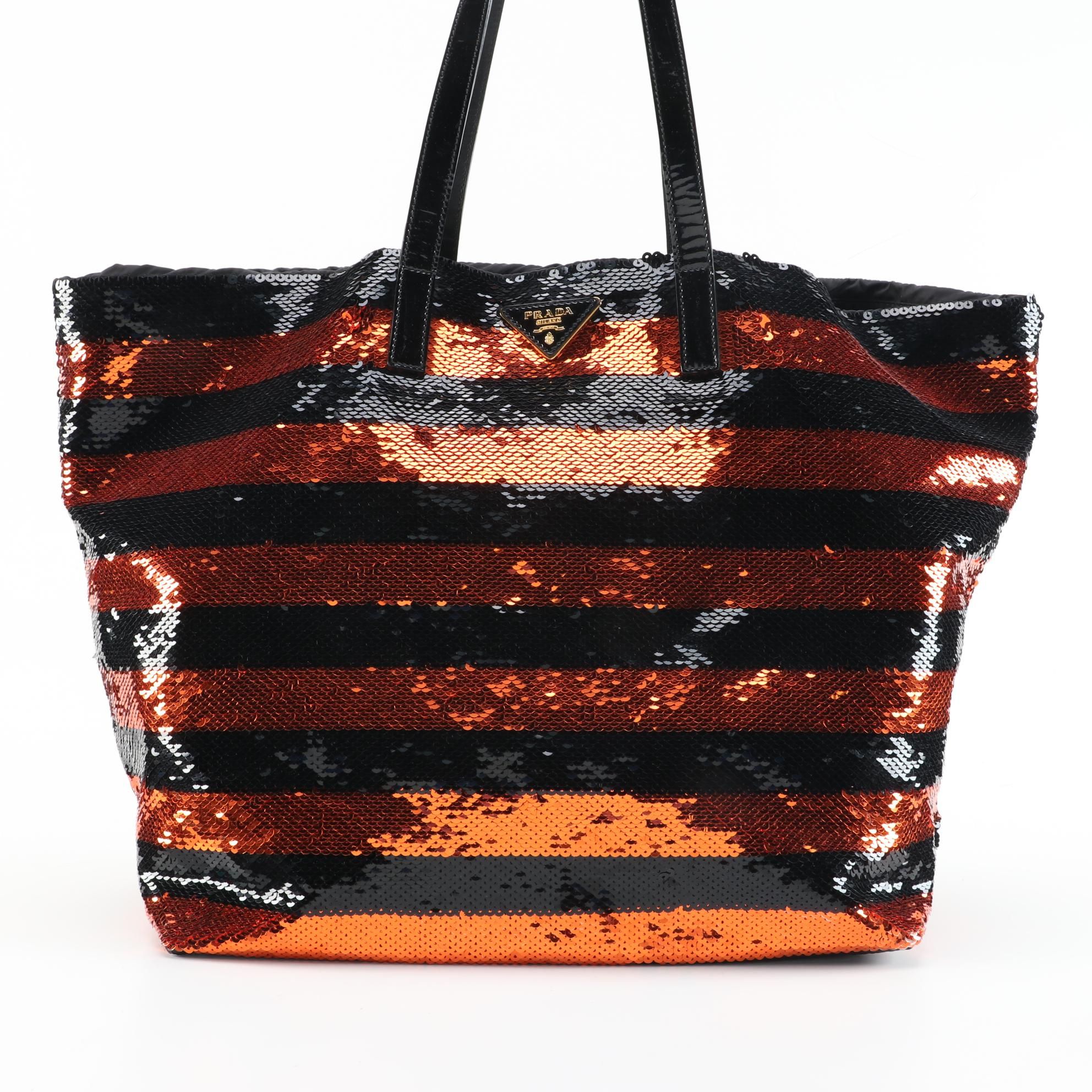 Prada Orange and Black Sequined Satin Open Top Tote