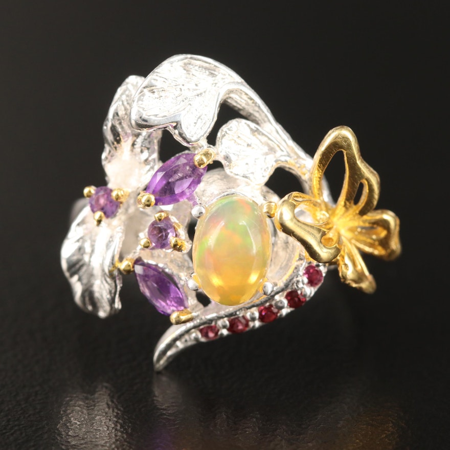 Sterling Silver Opal, Amethyst, and Garnet Butterfly Motif Ring