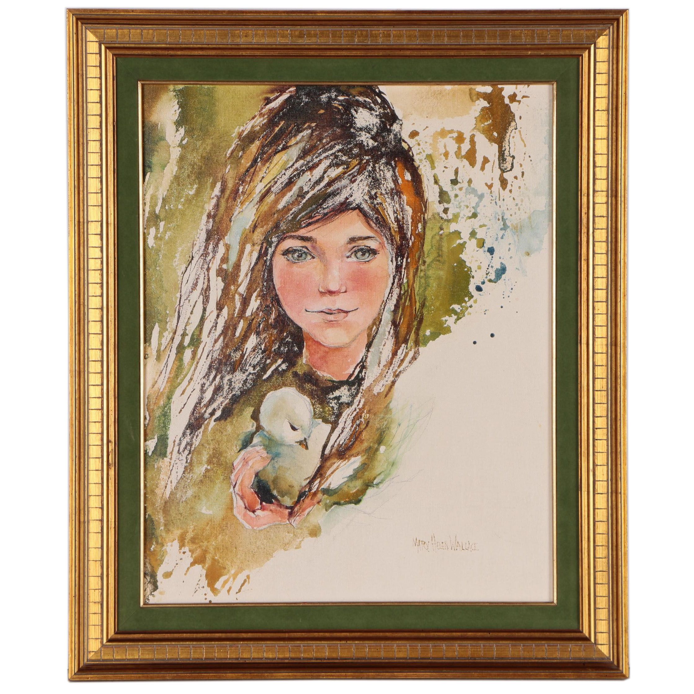 Mary Helen Wallace Watercolor Painting of Girl with Chick, Late 20th Century