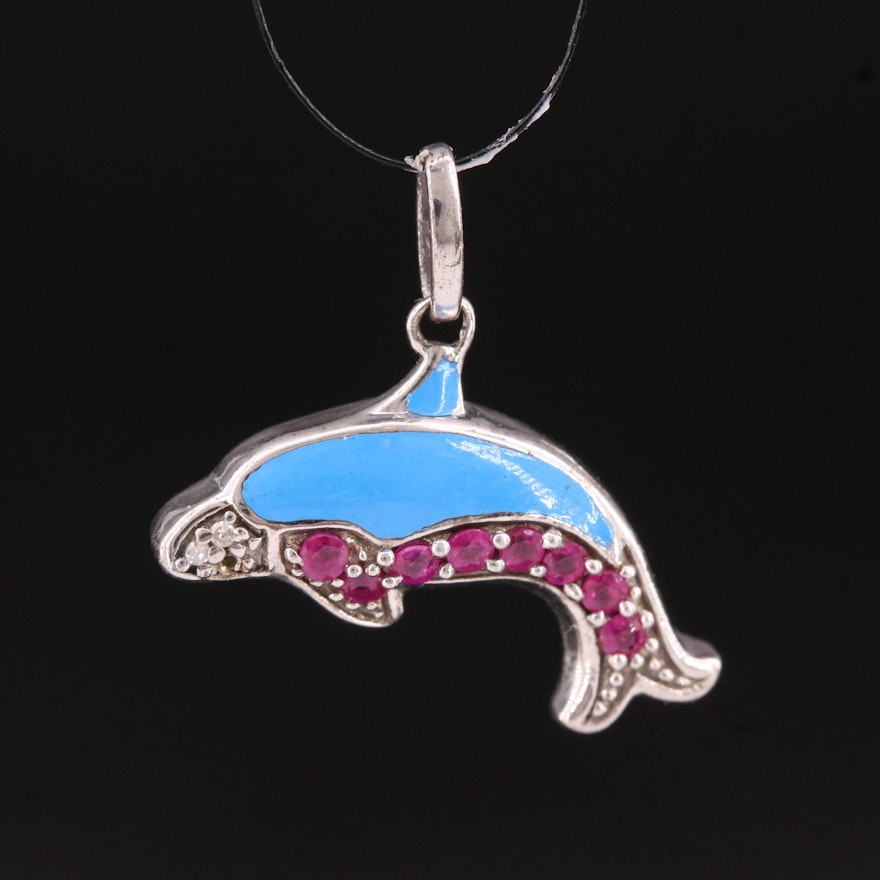 Sterling Silver Ruby and Diamond Dolphin Pendant