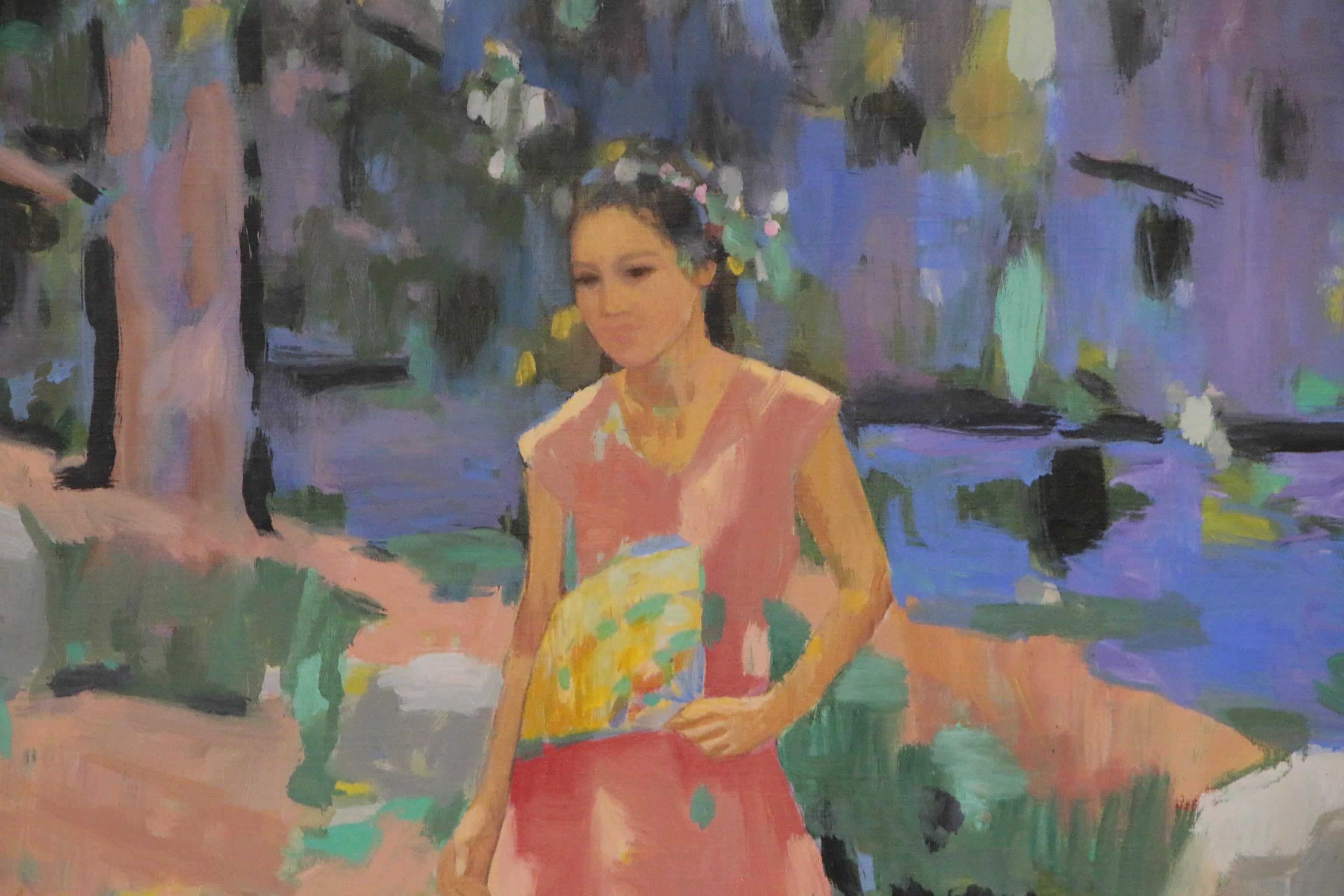 Pang Jen Oil Painting "Standing Girl with a Fan," 21st Century