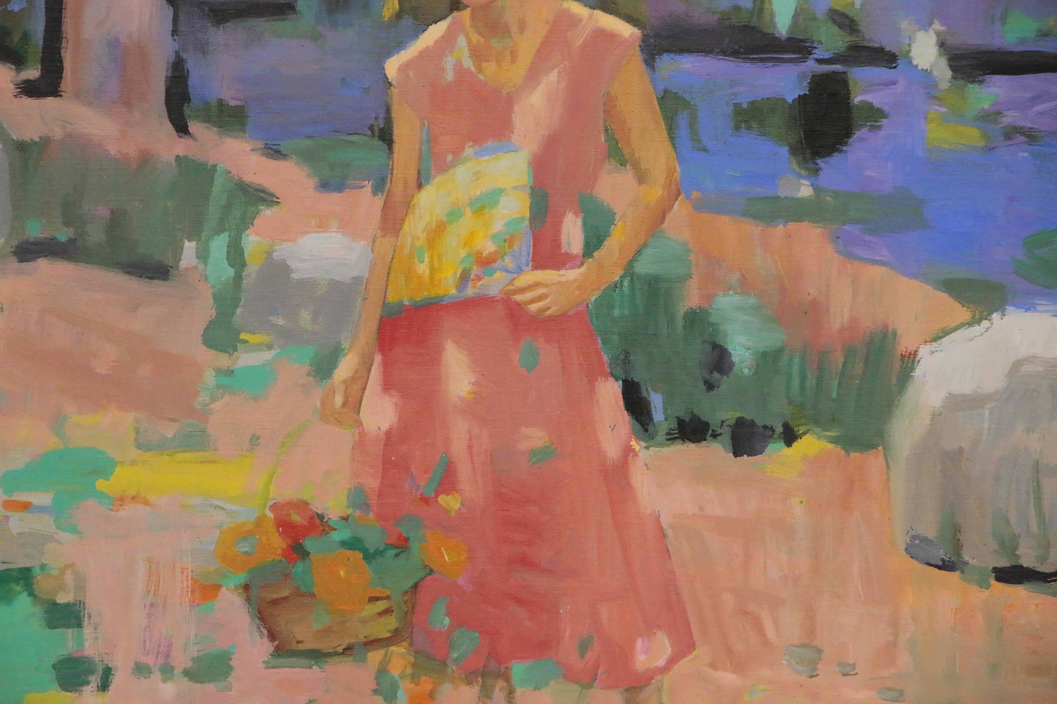 Pang Jen Oil Painting "Standing Girl with a Fan," 21st Century