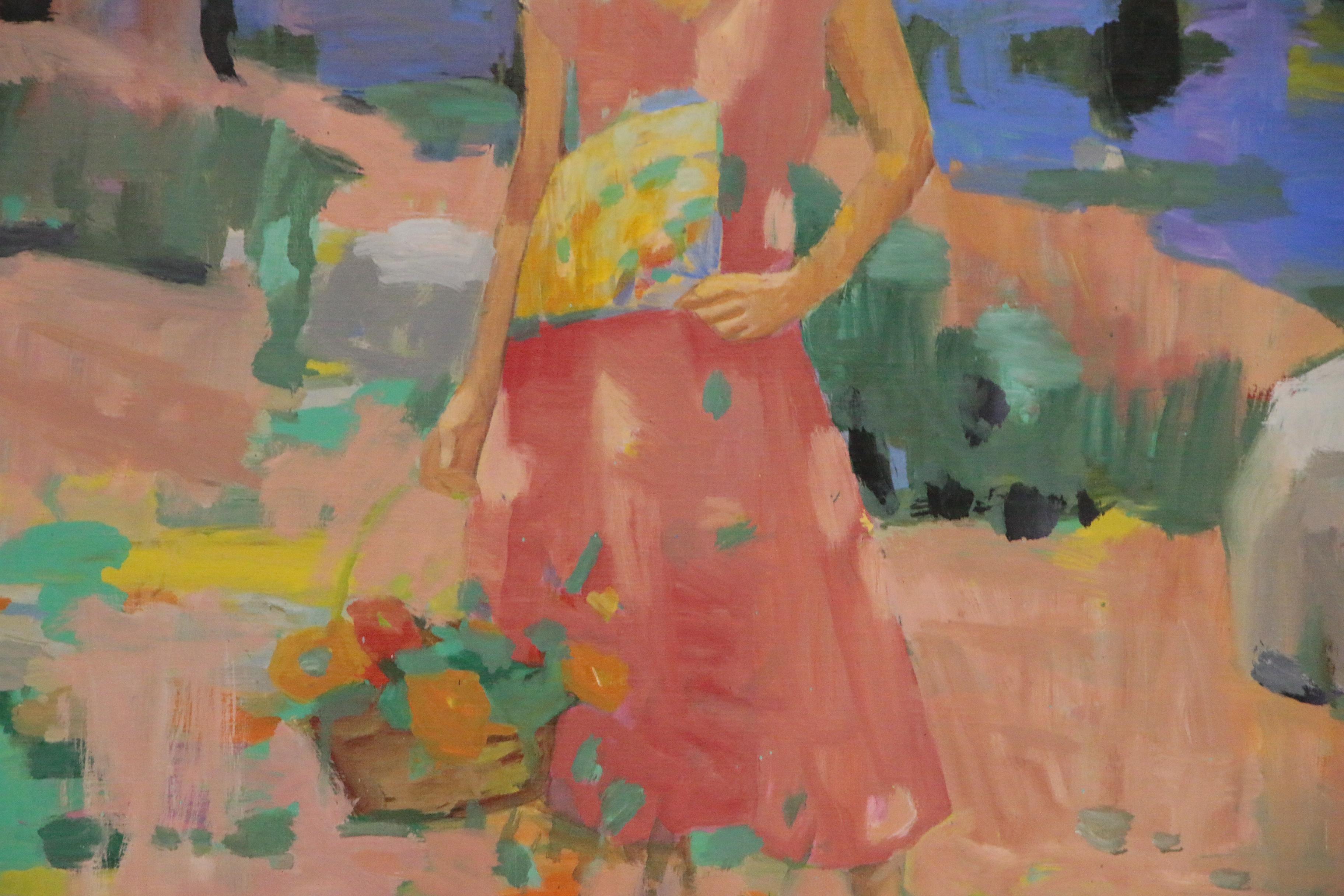 Pang Jen Oil Painting "Standing Girl with a Fan," 21st Century