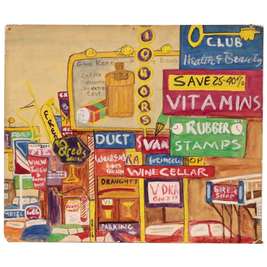Edith Hay Wyckoff Oil Painting Street Scene with Advertisements, 1967