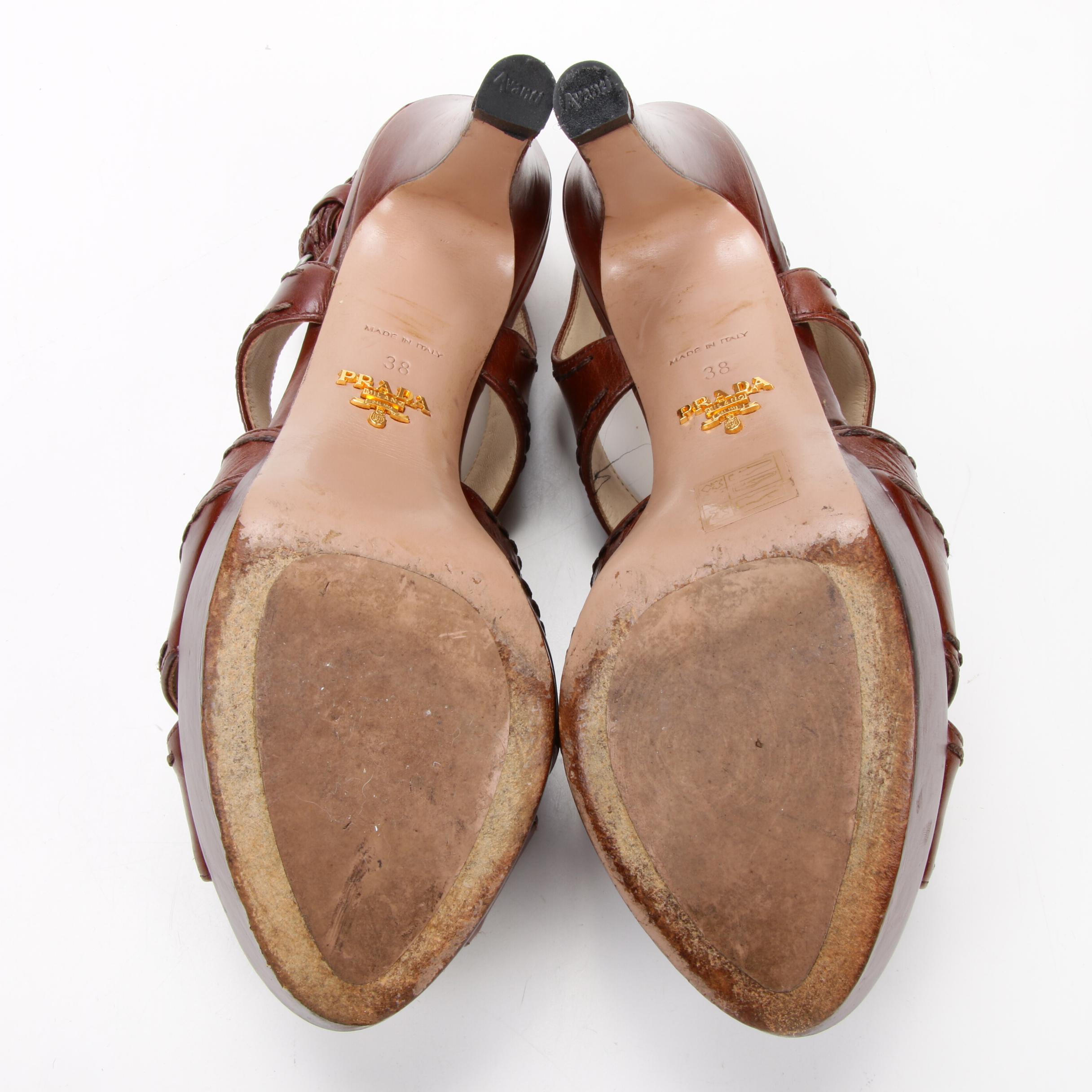 Prada Strappy High-Heeled Platform Sandals in Mahogany Brown Leather