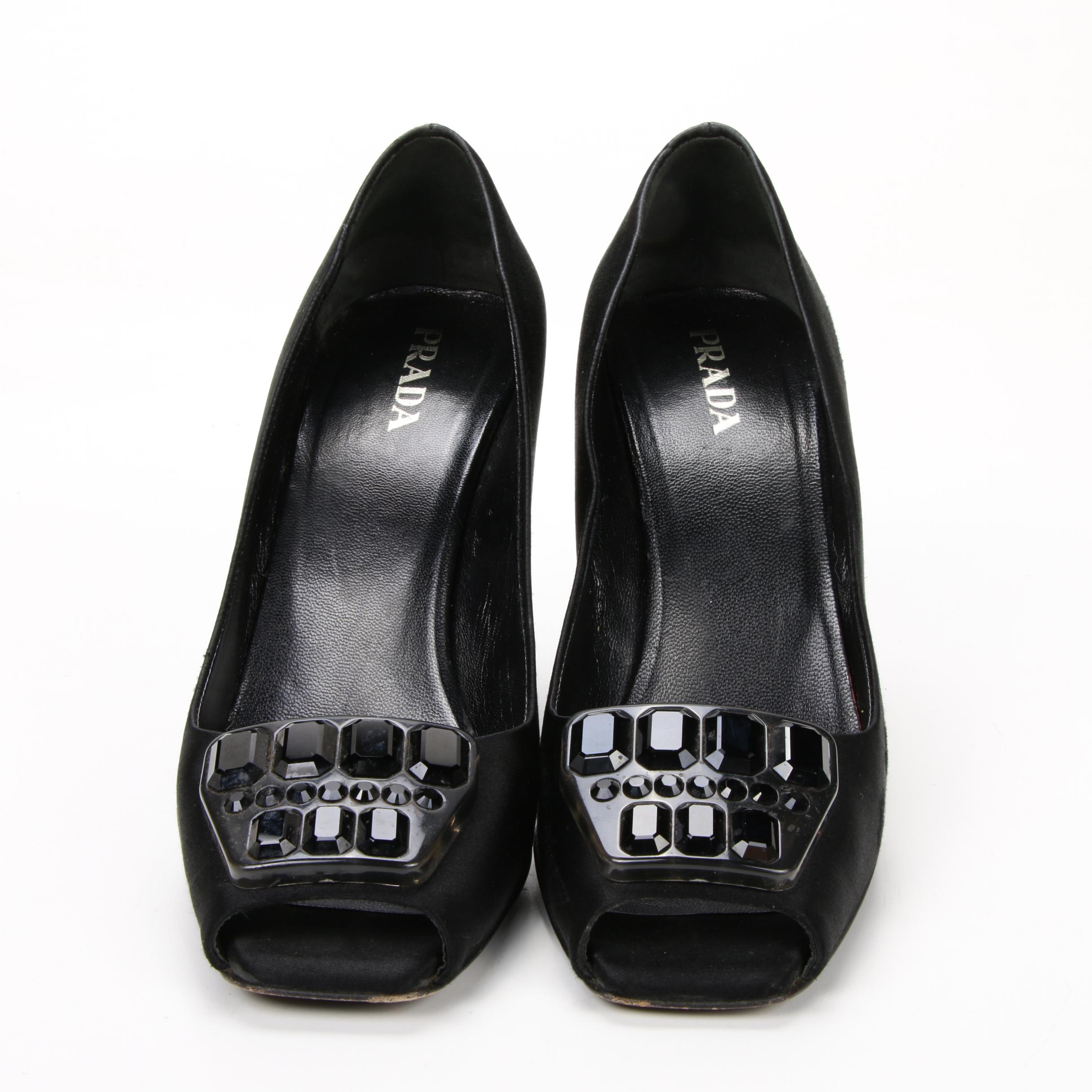 Prada High-Heeled Peep Toe Pumps in Black Satin with Rhinestone Embellishments