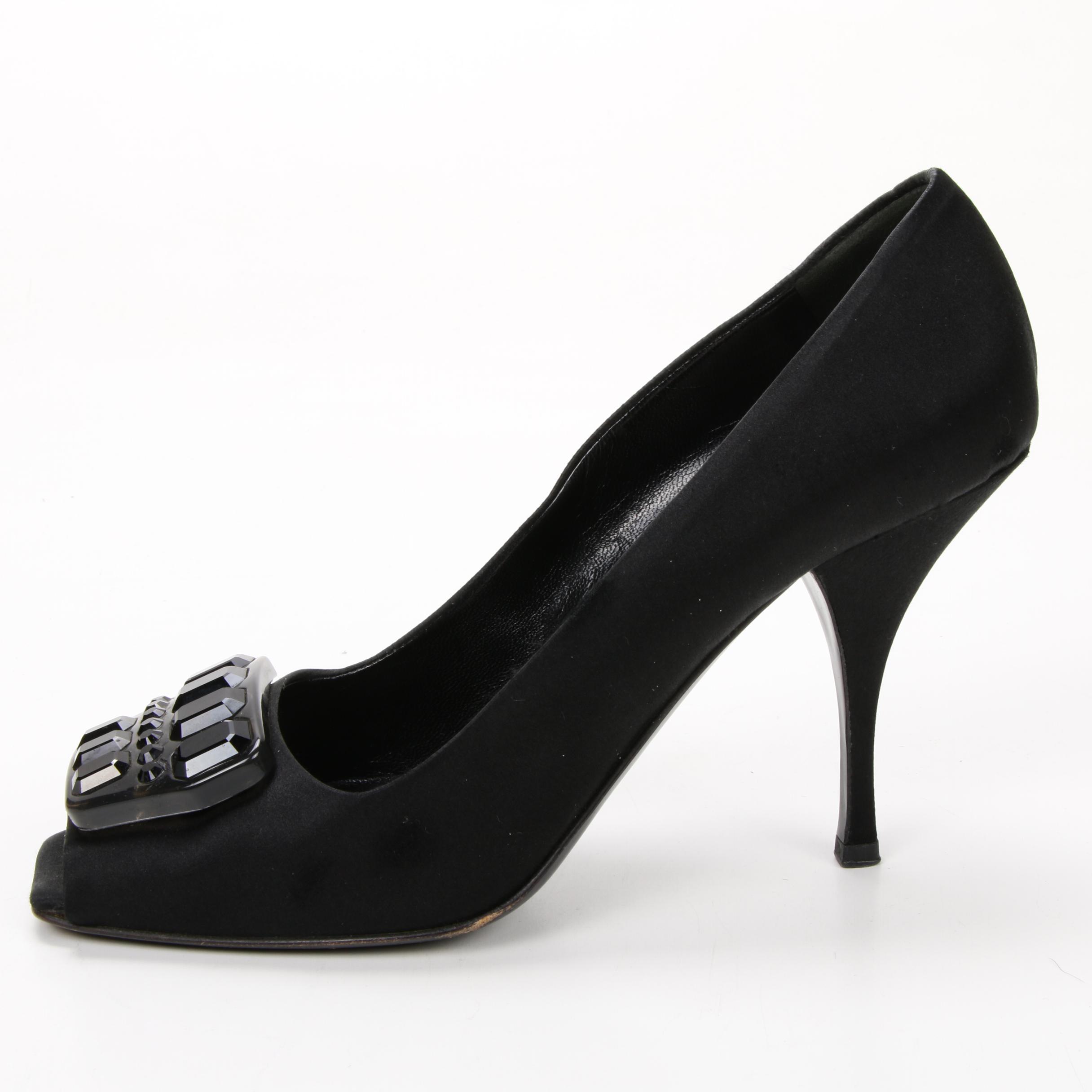 Prada High-Heeled Peep Toe Pumps in Black Satin with Rhinestone Embellishments