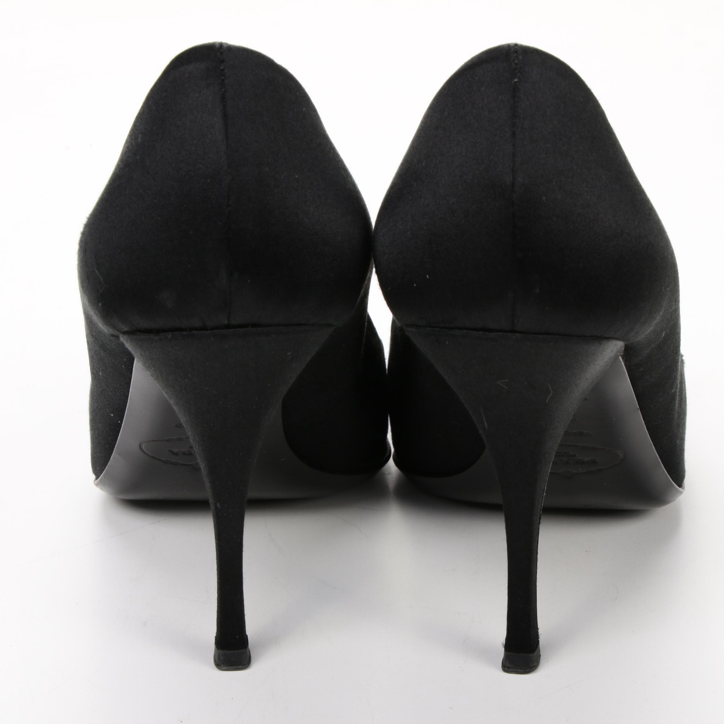 Prada High-Heeled Peep Toe Pumps in Black Satin with Rhinestone Embellishments