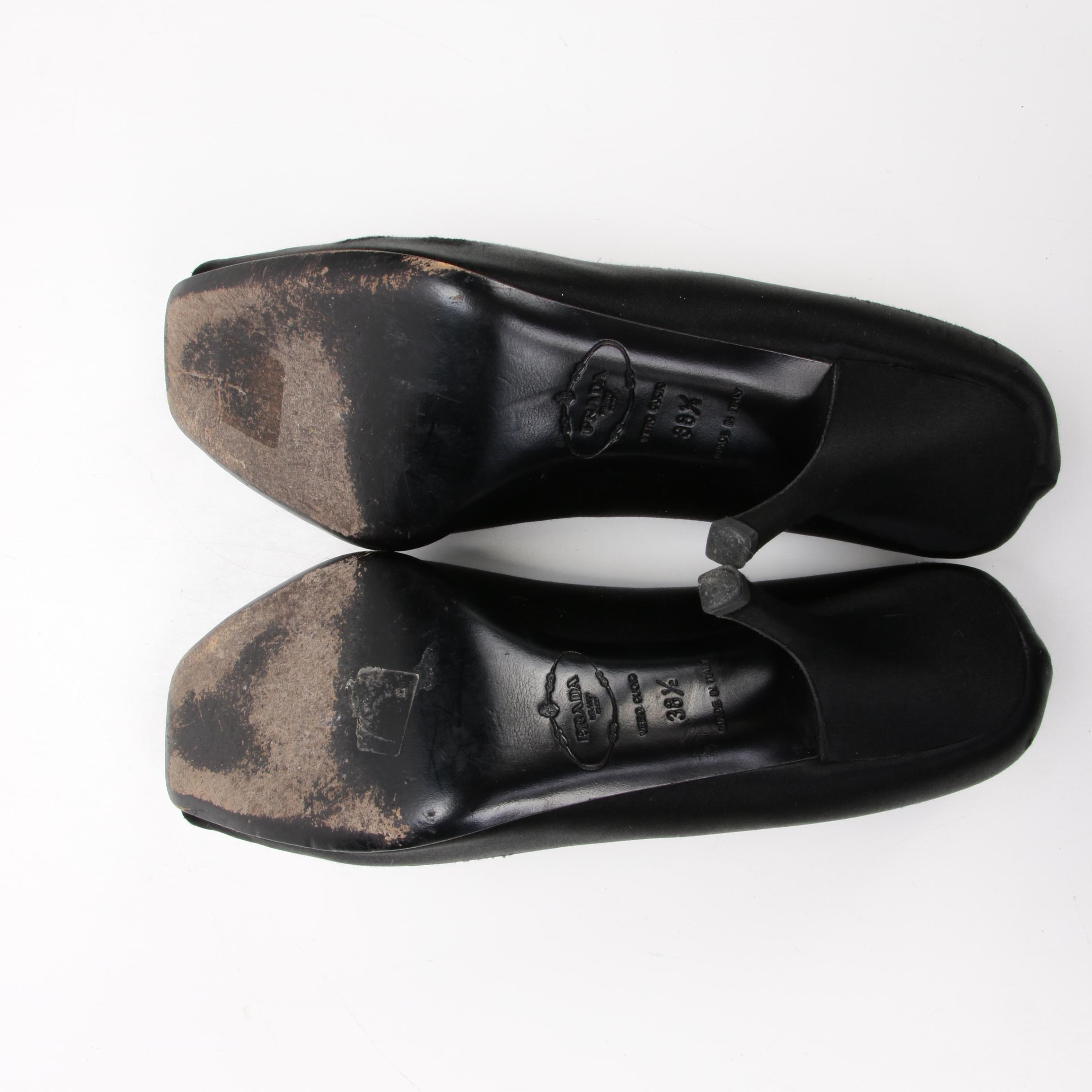 Prada High-Heeled Peep Toe Pumps in Black Satin with Rhinestone Embellishments