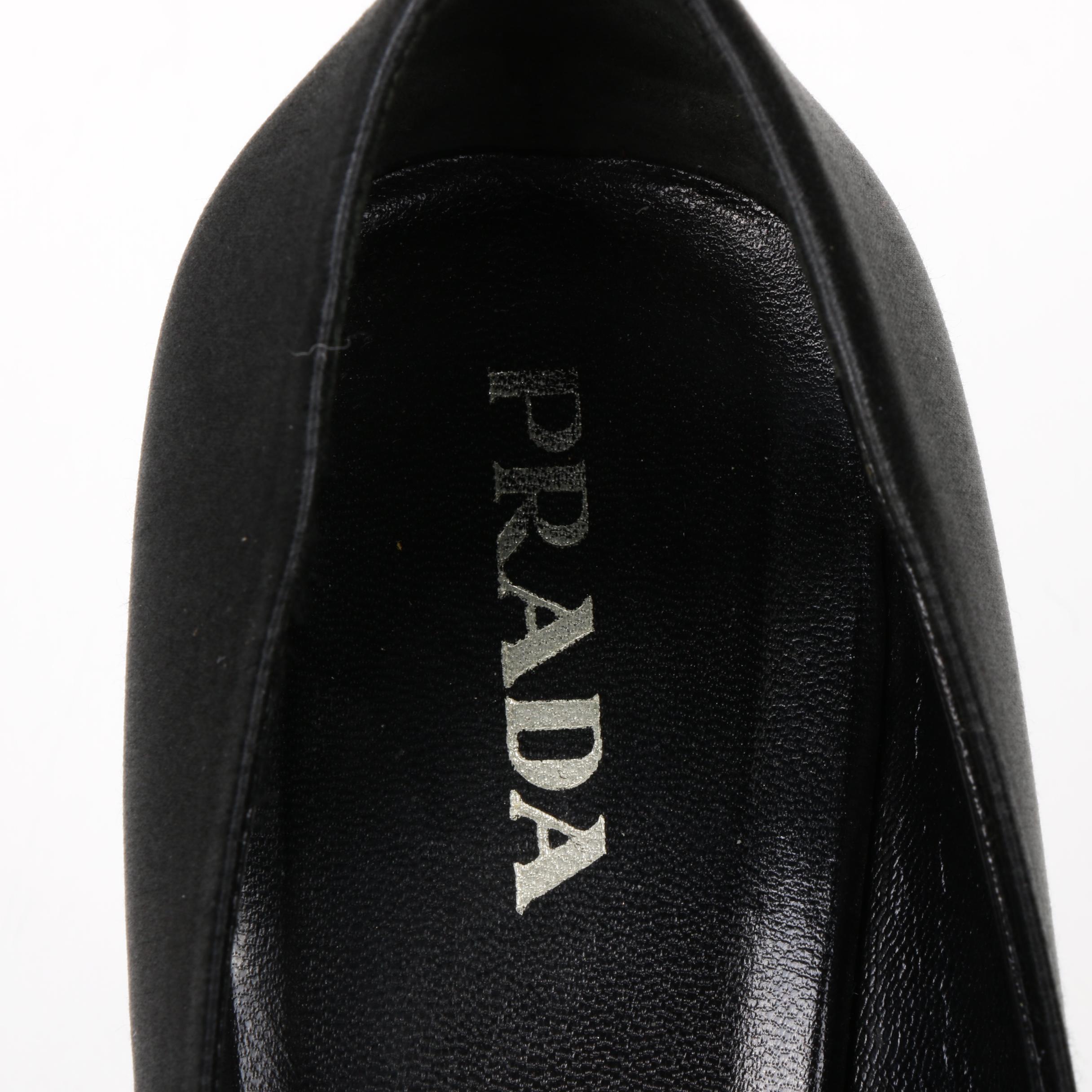 Prada High-Heeled Peep Toe Pumps in Black Satin with Rhinestone Embellishments
