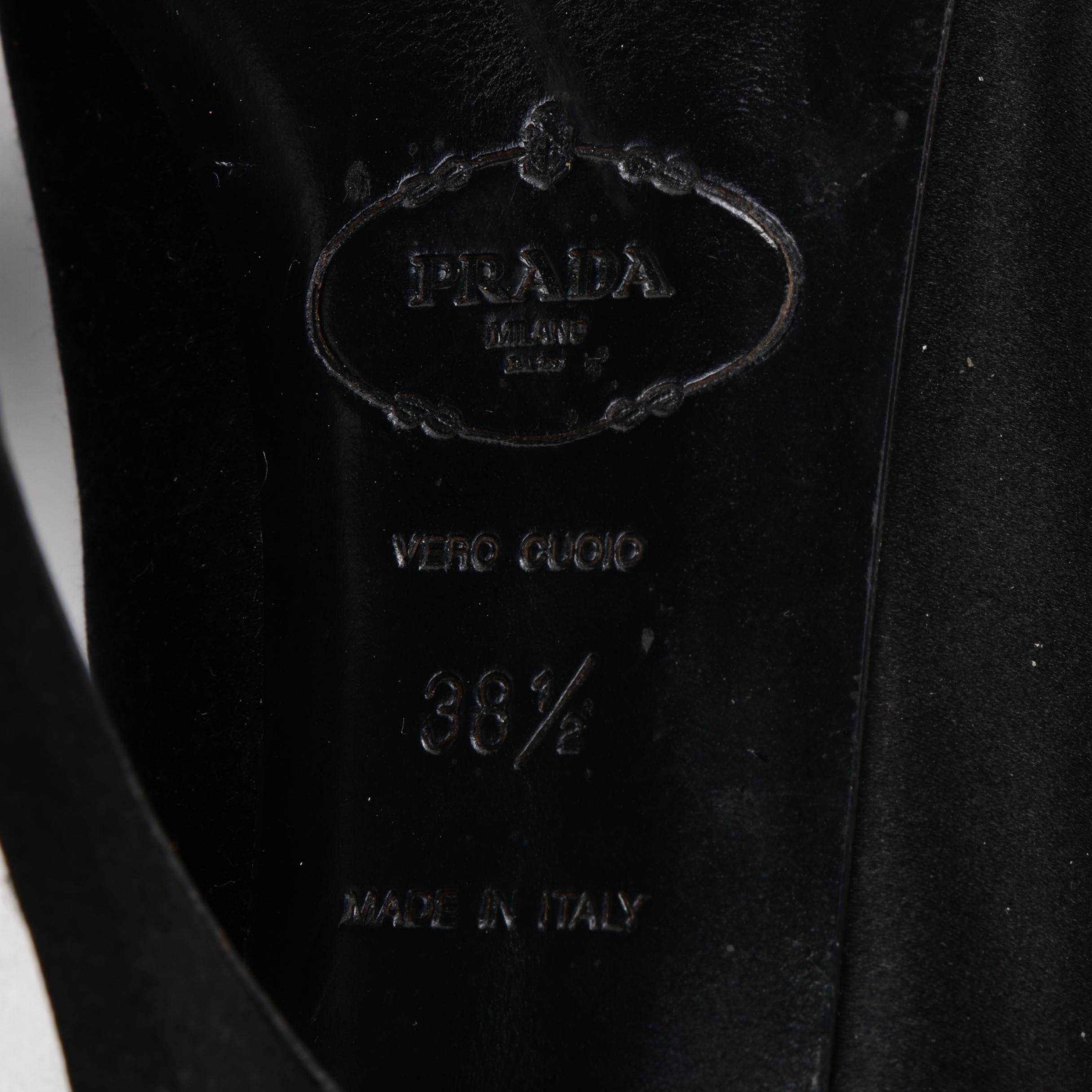 Prada High-Heeled Peep Toe Pumps in Black Satin with Rhinestone Embellishments