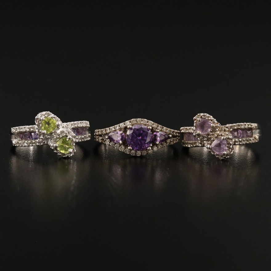 Sterling Silver Rings with Peridot, Amethyst and Diamond