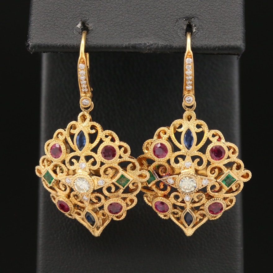 18K and 14K Emerald, Ruby, Sapphire and Diamond Scroll Motif Openwork Earrings