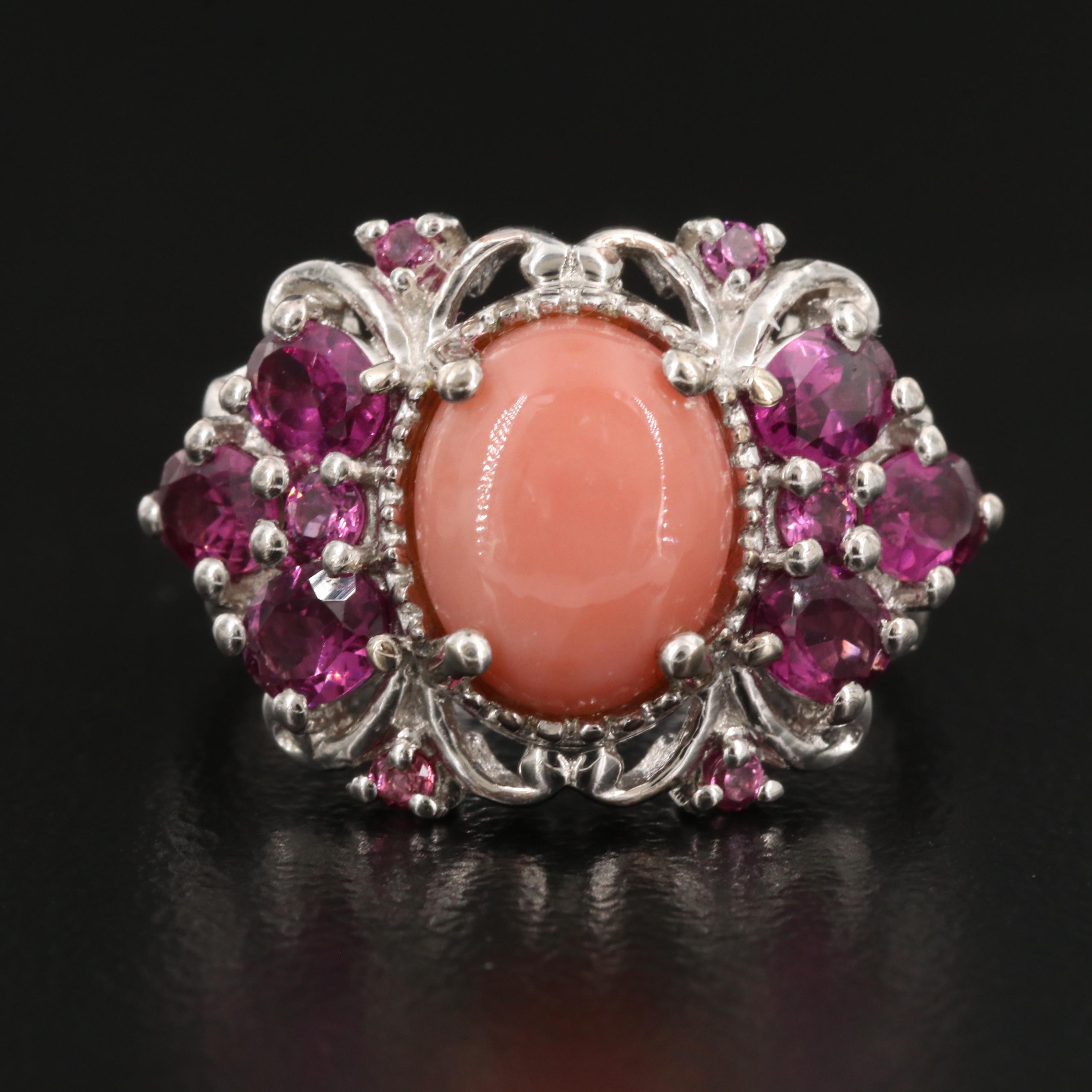 D'joy Sterling Silver Coral and Garnet Ring