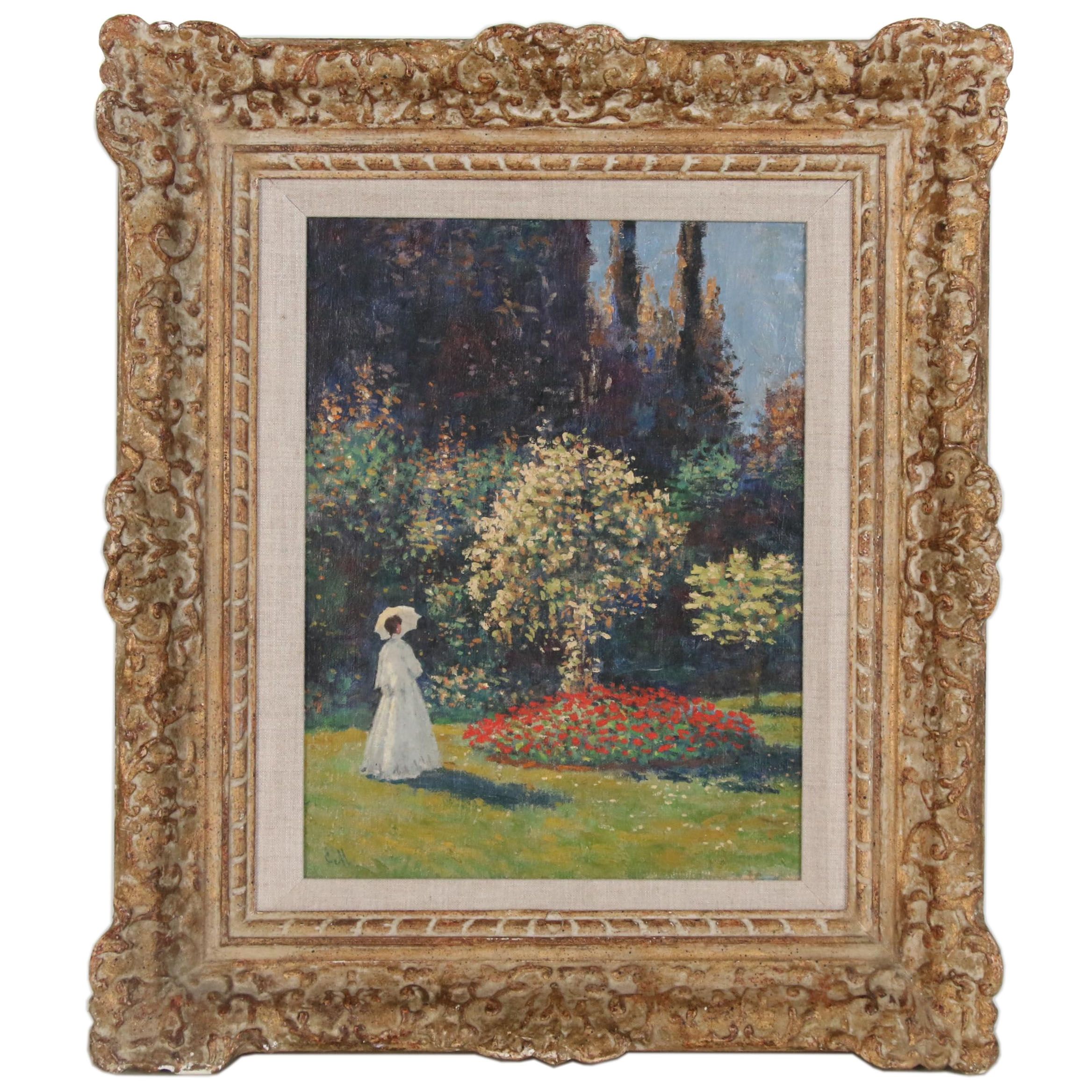 Oil Painting after Claude Monet "Woman in the Garden," Mid 20th Century