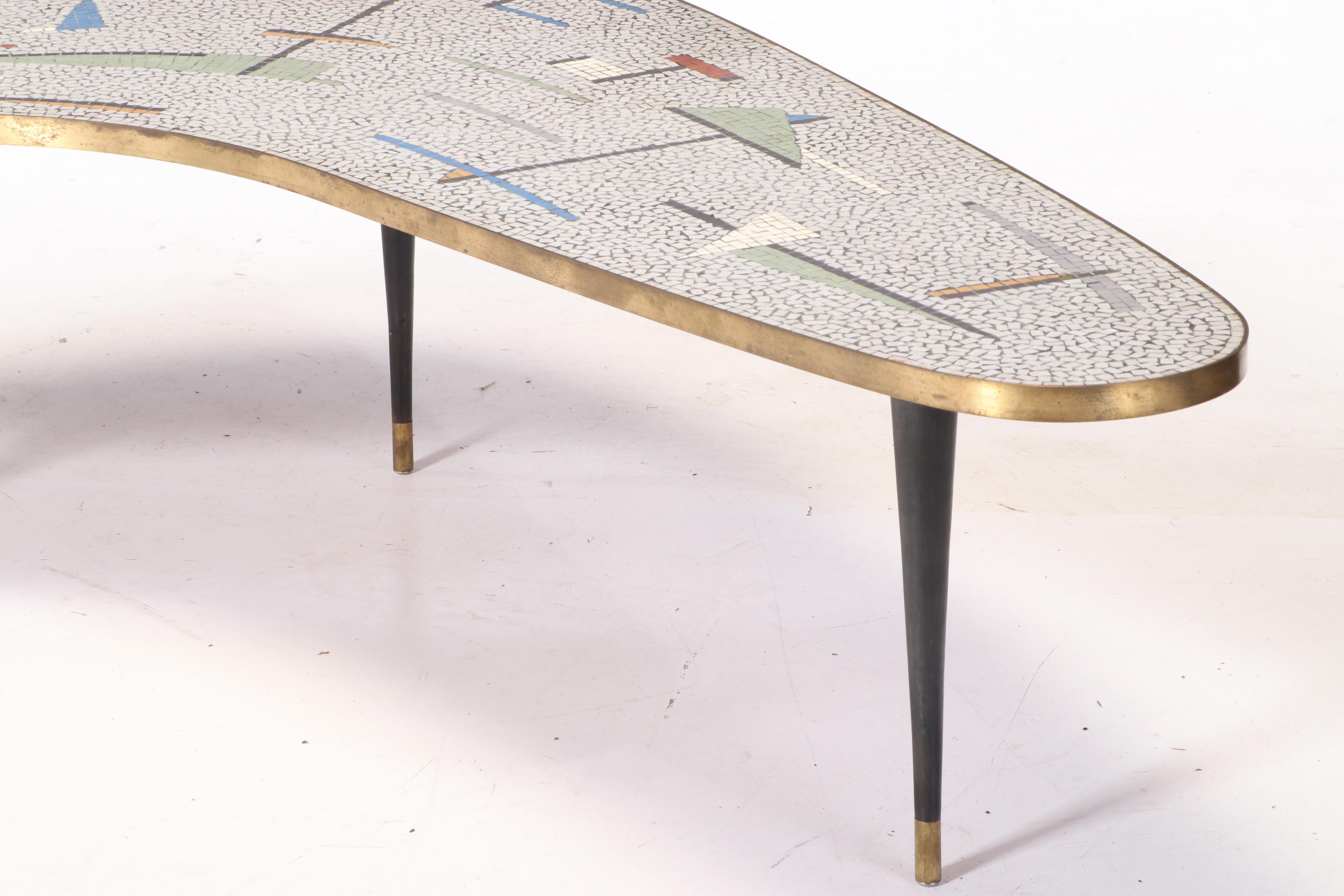 Mid Century Modern Brass-Mounted, Ebonized Wood, and Tile-Top Boomerang Table