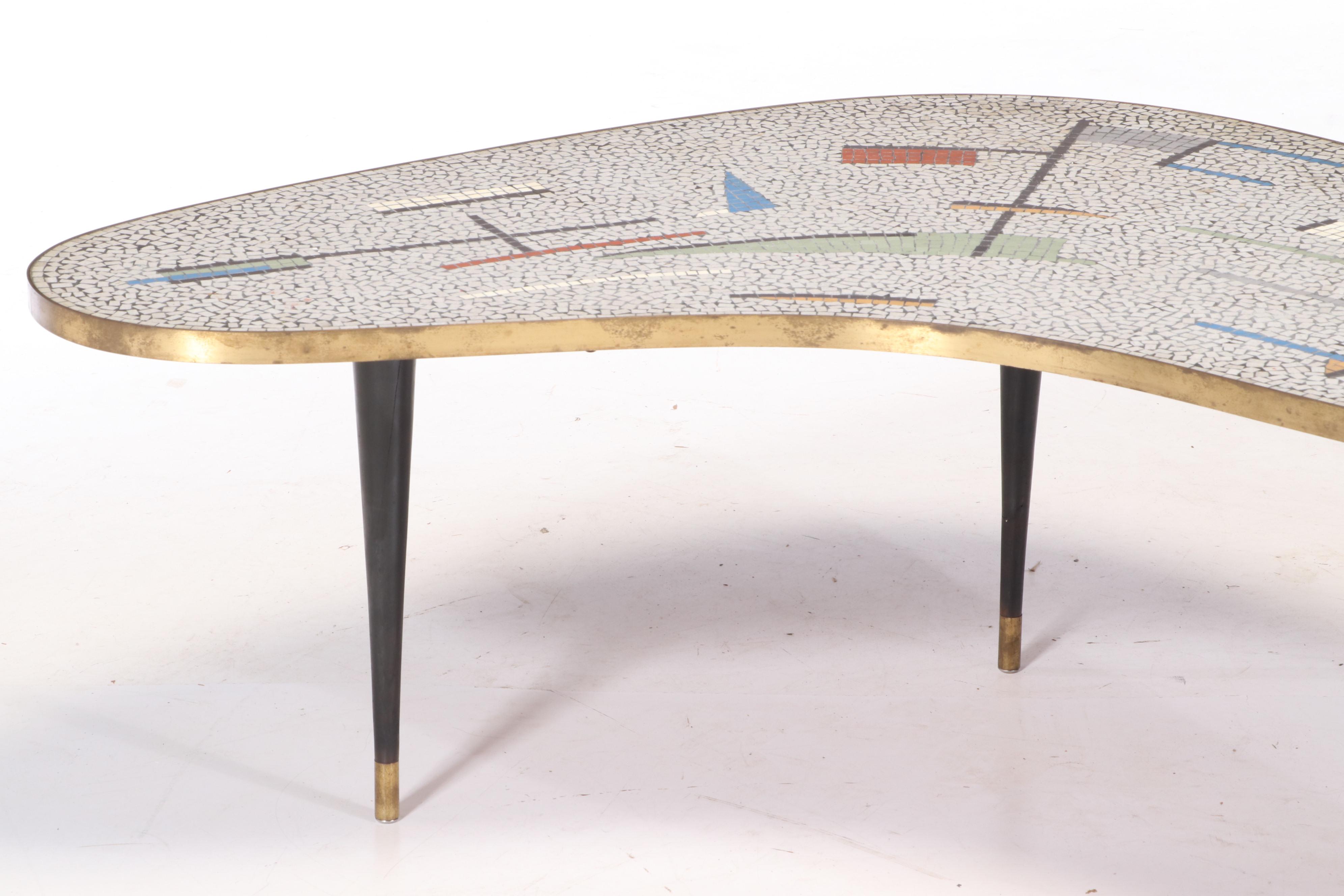 Mid Century Modern Brass-Mounted, Ebonized Wood, and Tile-Top Boomerang Table