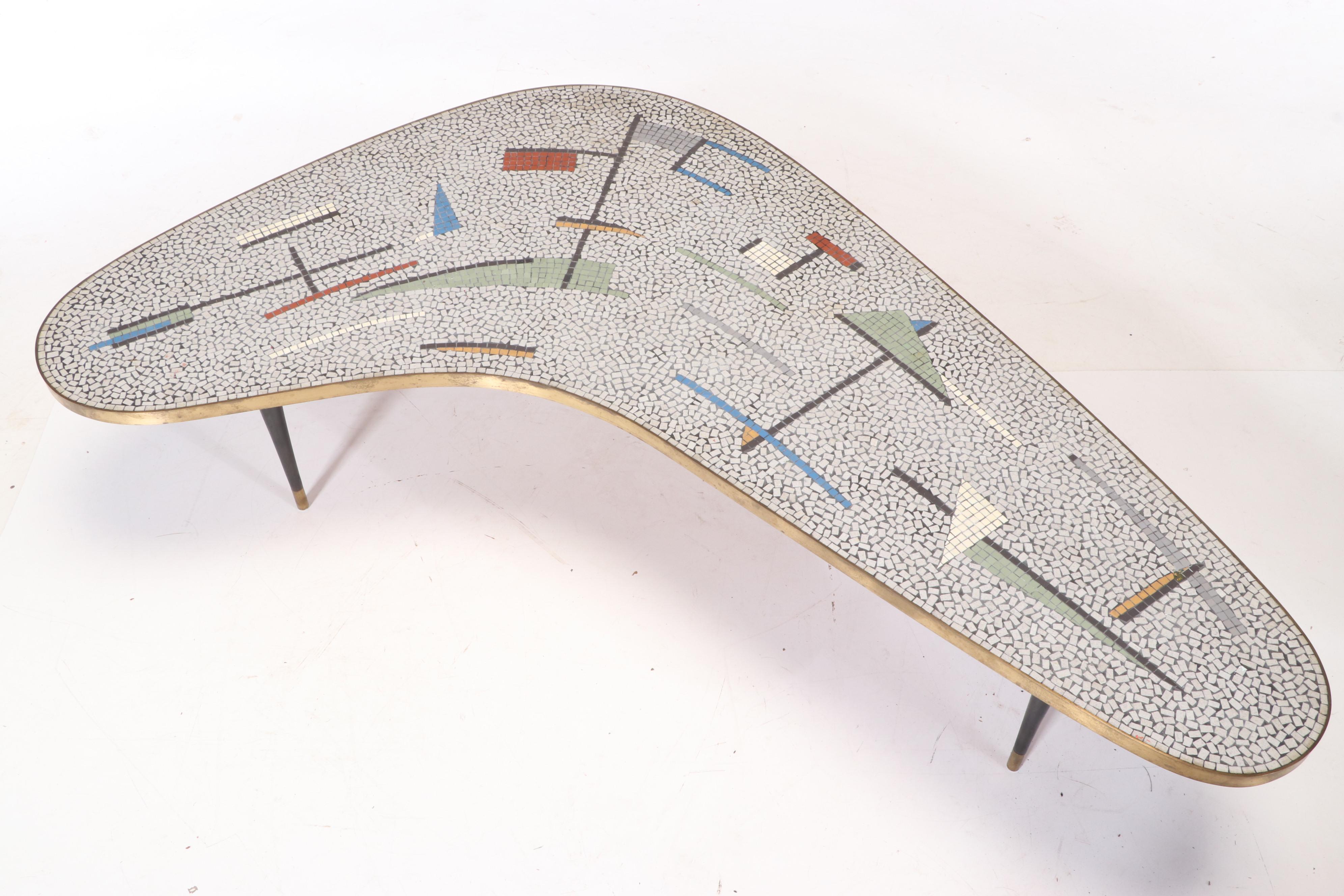 Mid Century Modern Brass-Mounted, Ebonized Wood, and Tile-Top Boomerang Table