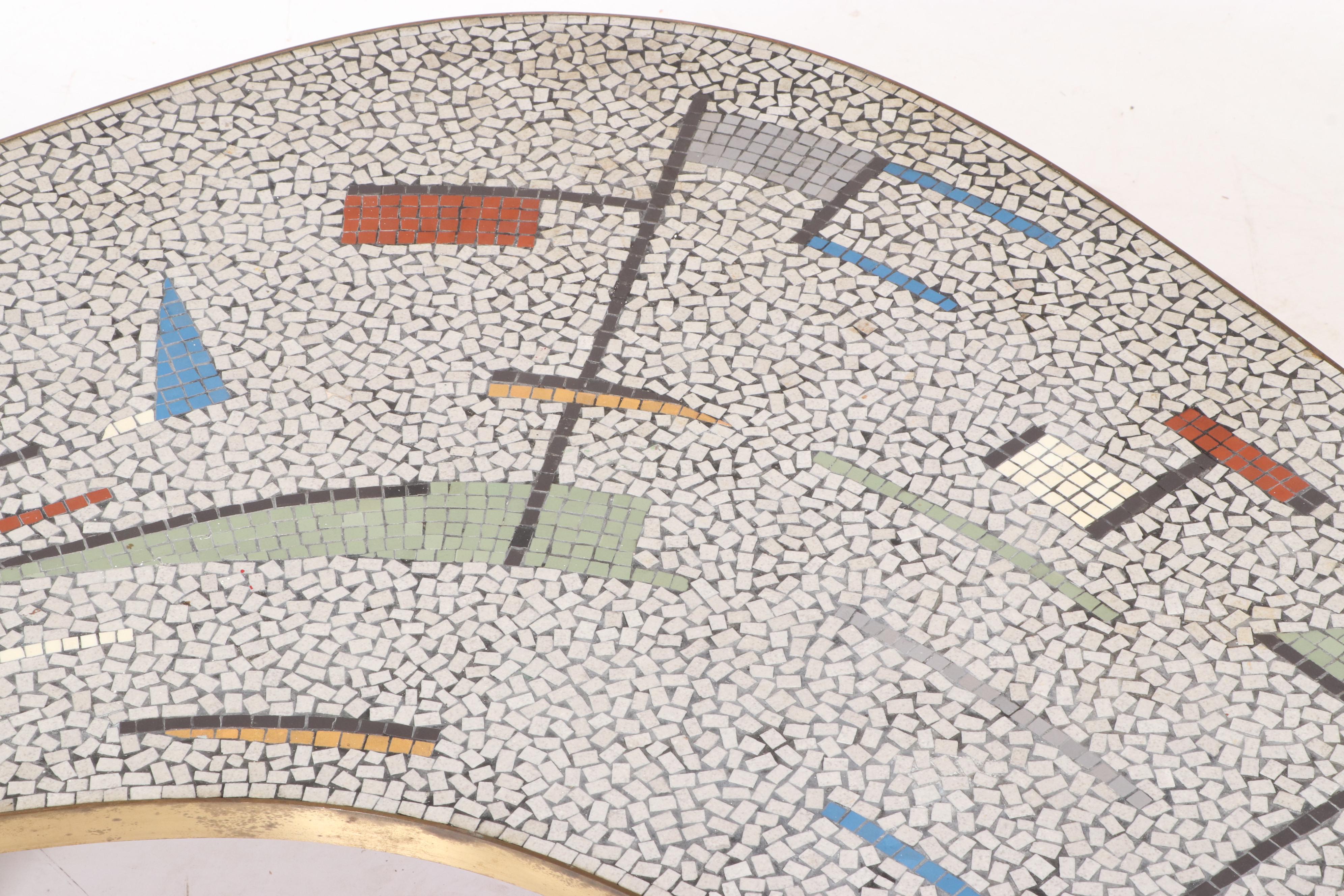 Mid Century Modern Brass-Mounted, Ebonized Wood, and Tile-Top Boomerang Table