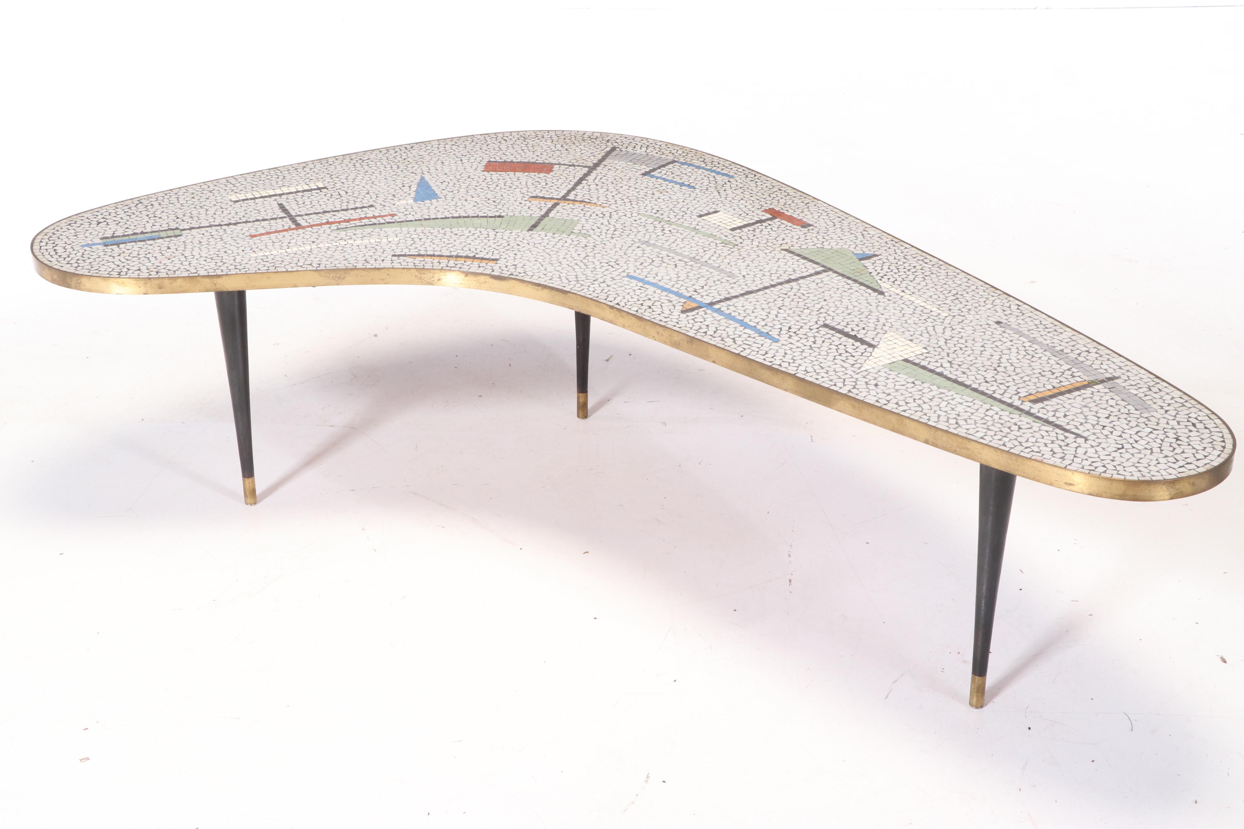 Mid Century Modern Brass-Mounted, Ebonized Wood, and Tile-Top Boomerang Table
