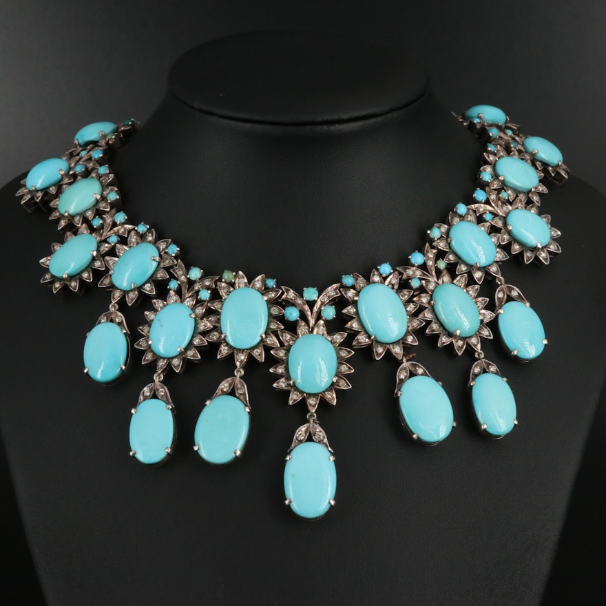 Turquoise and 4.06 CTW Diamond Necklace in 900 Silver