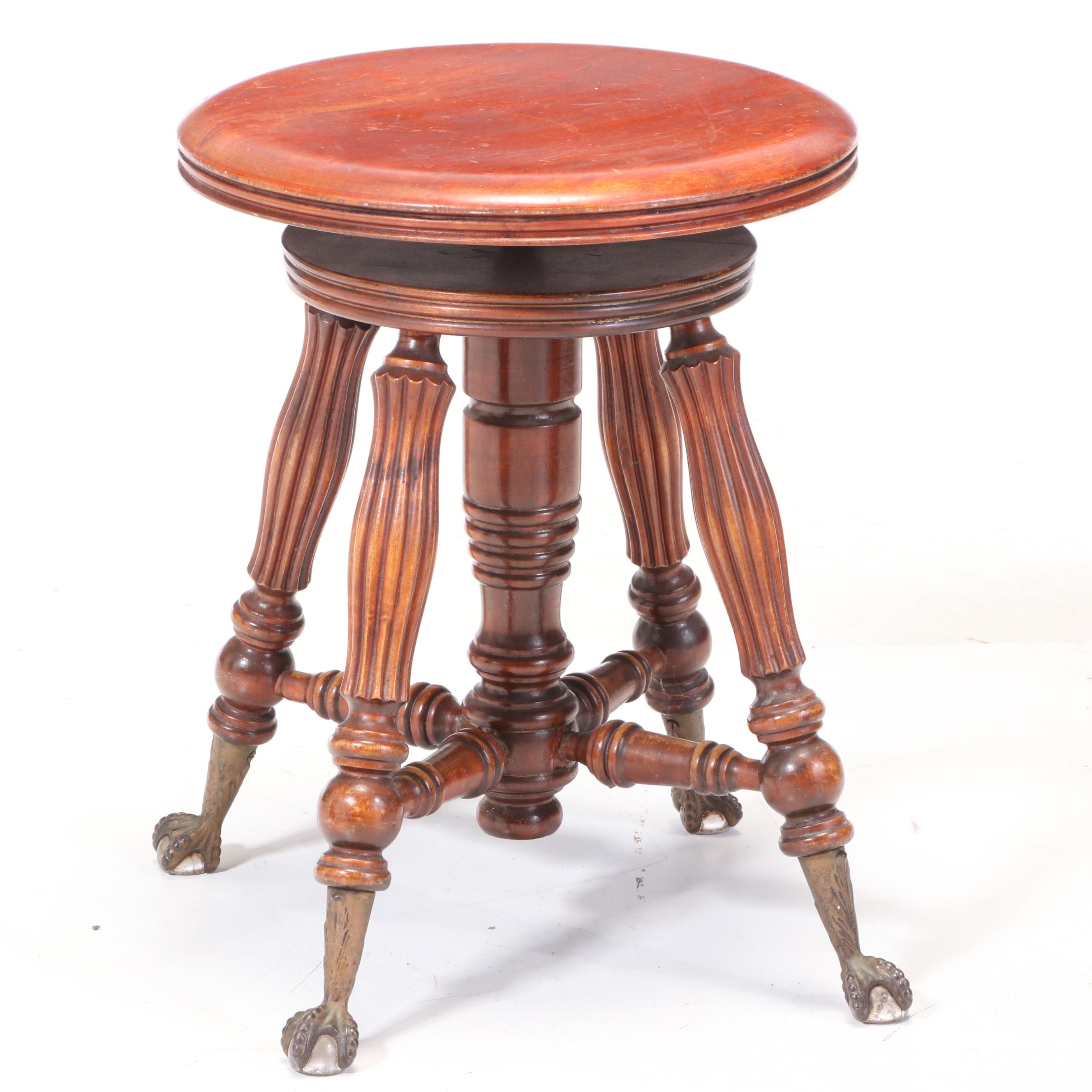 Tonk Late Victorian Birch Piano Stool and Federal Style Mahogany Candlestand