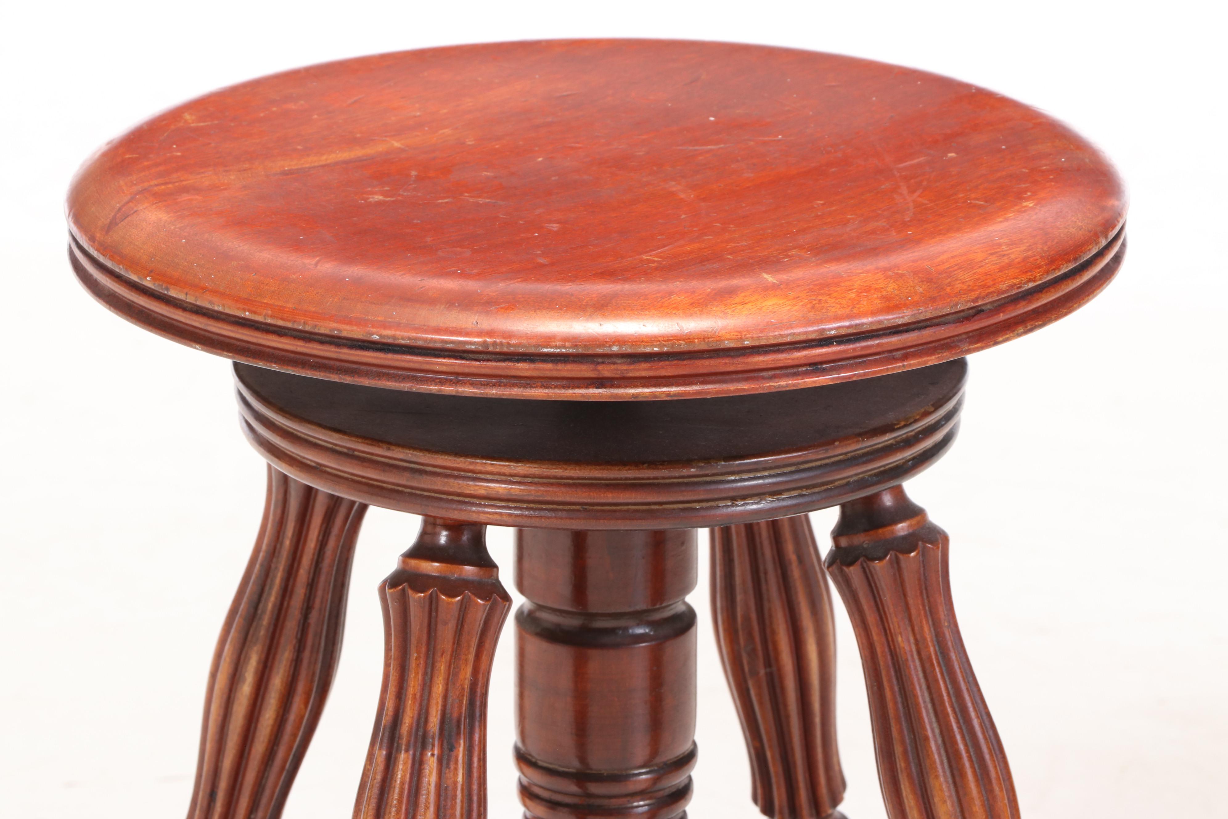 Tonk Late Victorian Birch Piano Stool and Federal Style Mahogany Candlestand