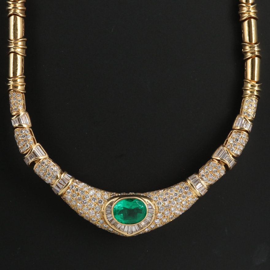 18K 5.53 CT Emerald and 10.19 CTW Diamond Arabesque Collar Necklace