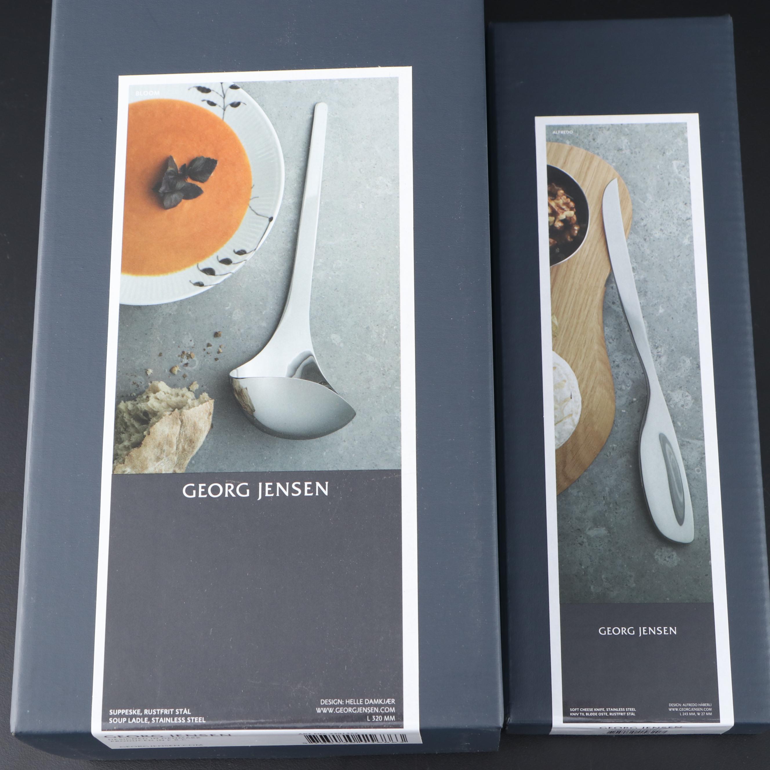 Georg Jensen Modern Stainless Steel Salad Set, Soft Cheese Knife, and Ladle