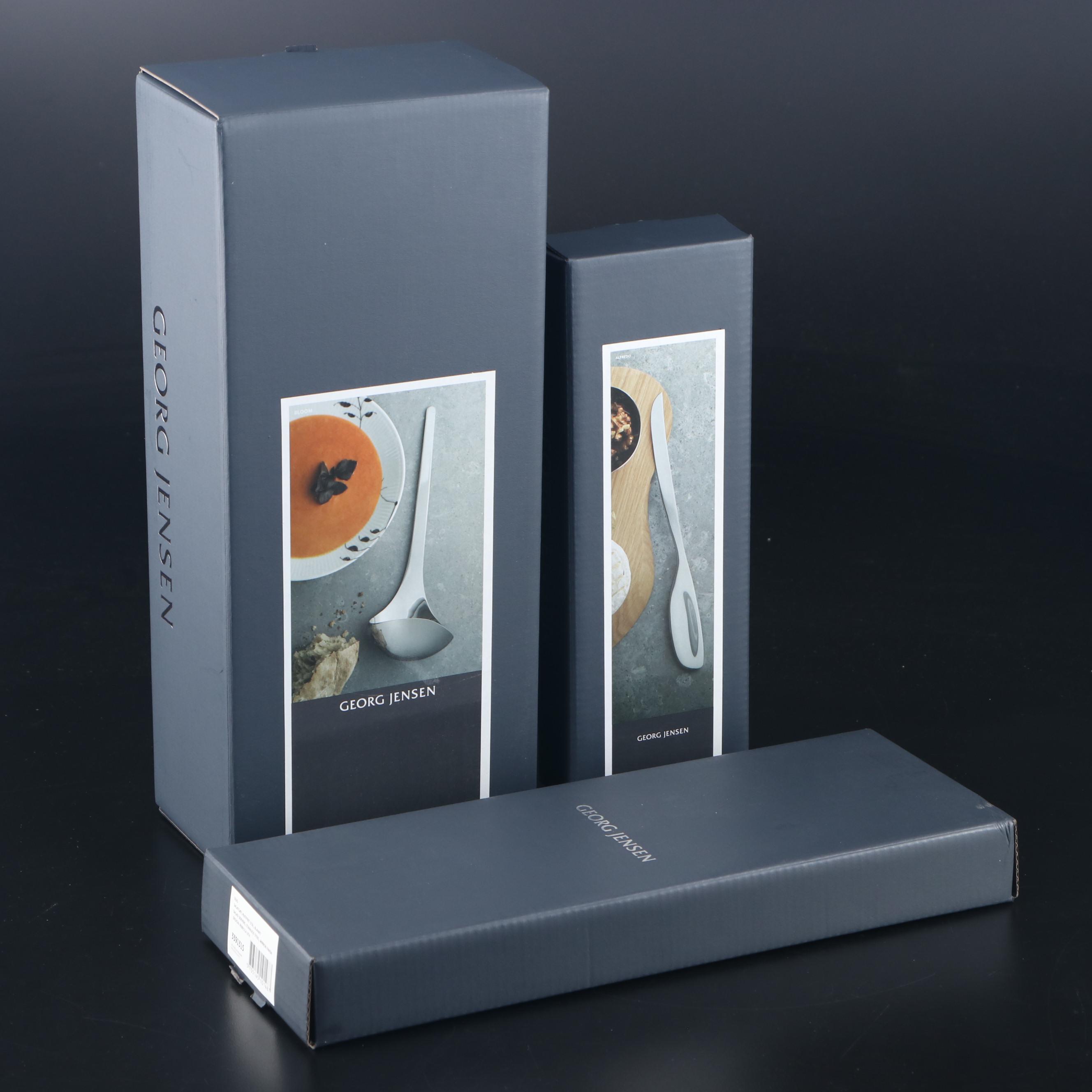 Georg Jensen Modern Stainless Steel Salad Set, Soft Cheese Knife, and Ladle